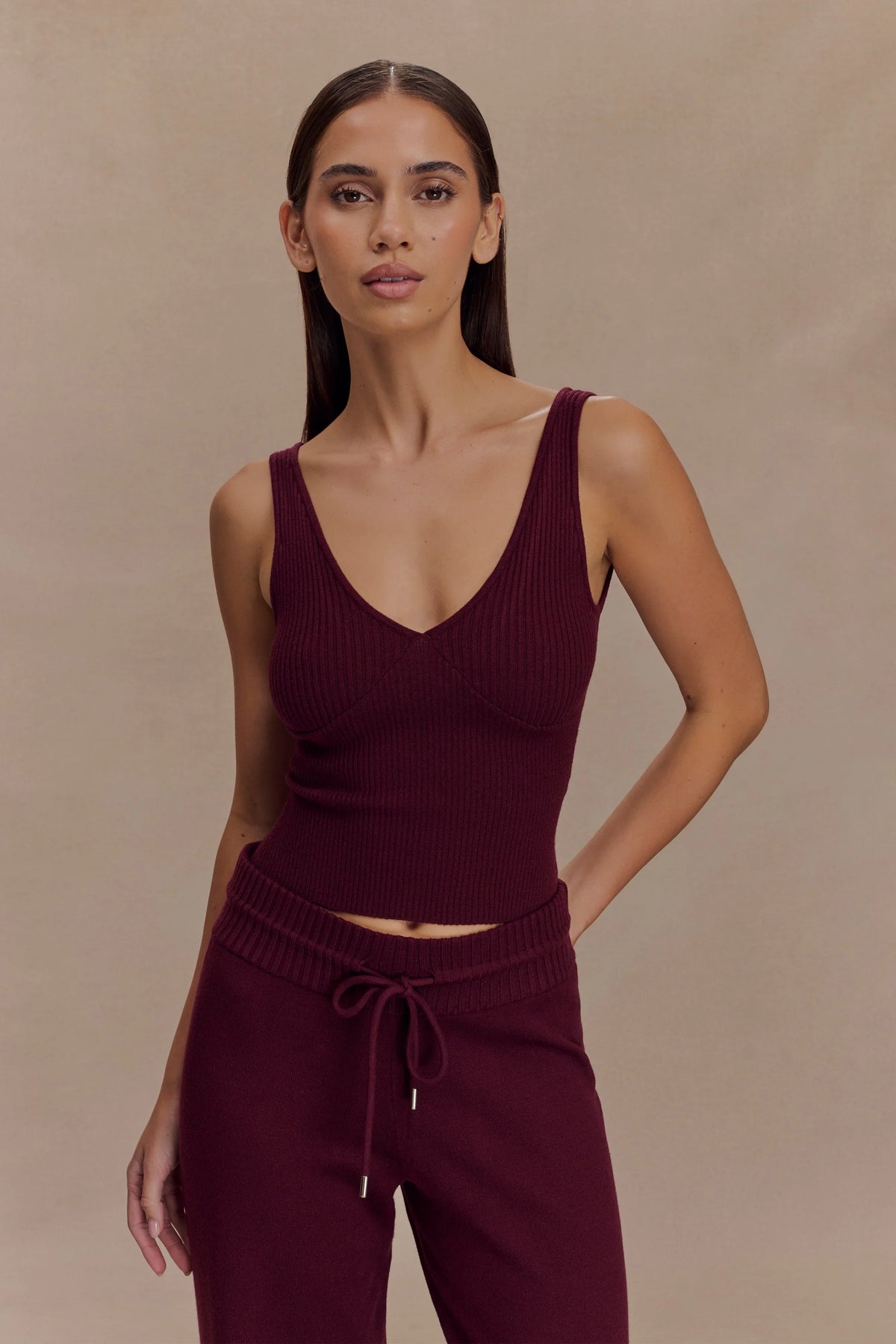 Natalya Ribbed Knit Cami Top Merlot