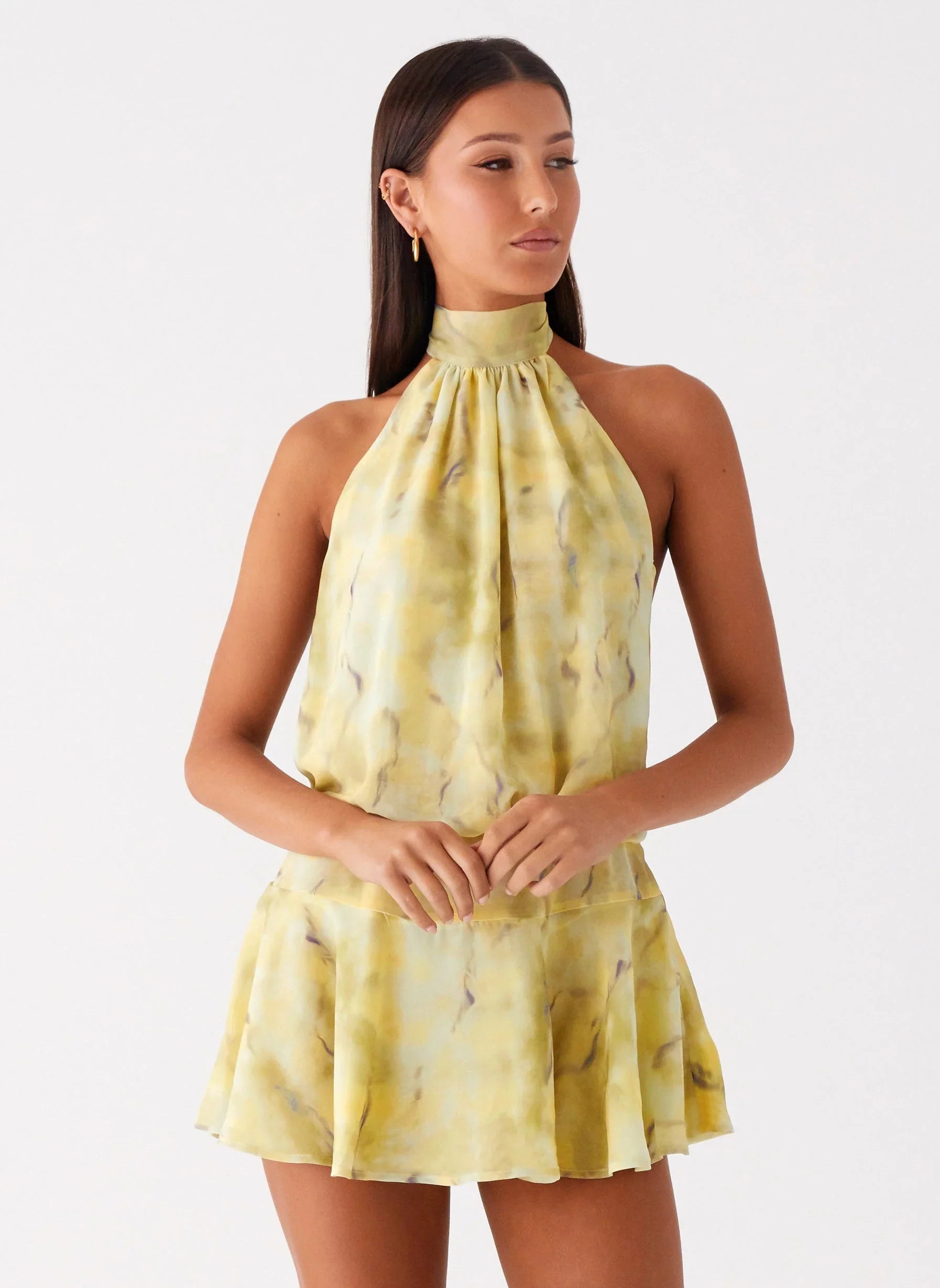 First Date Halter Mini Dress Yellow Tie Dye