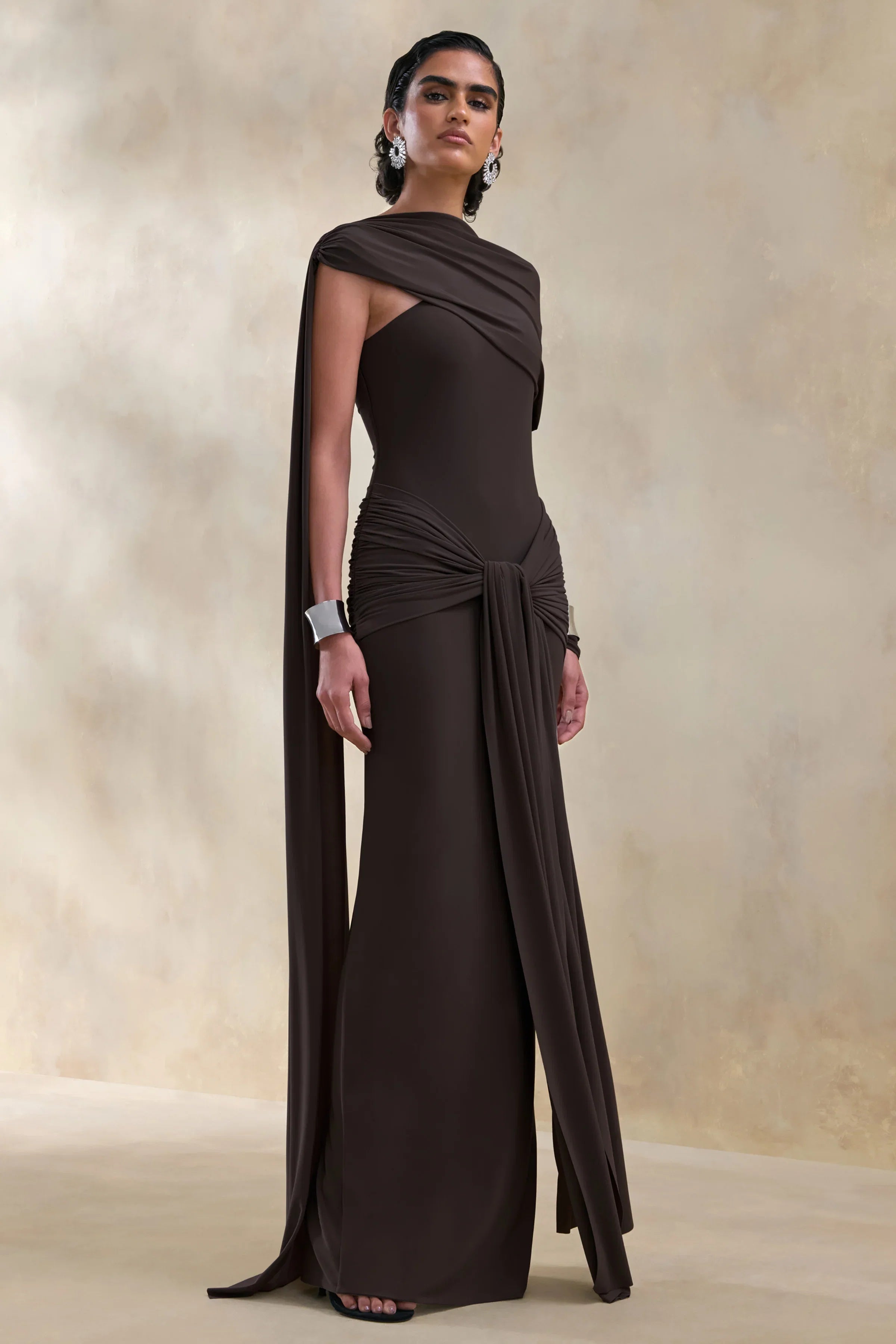 Trisara Brown Asymmetric Neck Maxi Dress With Gathered Detailing And Sash
