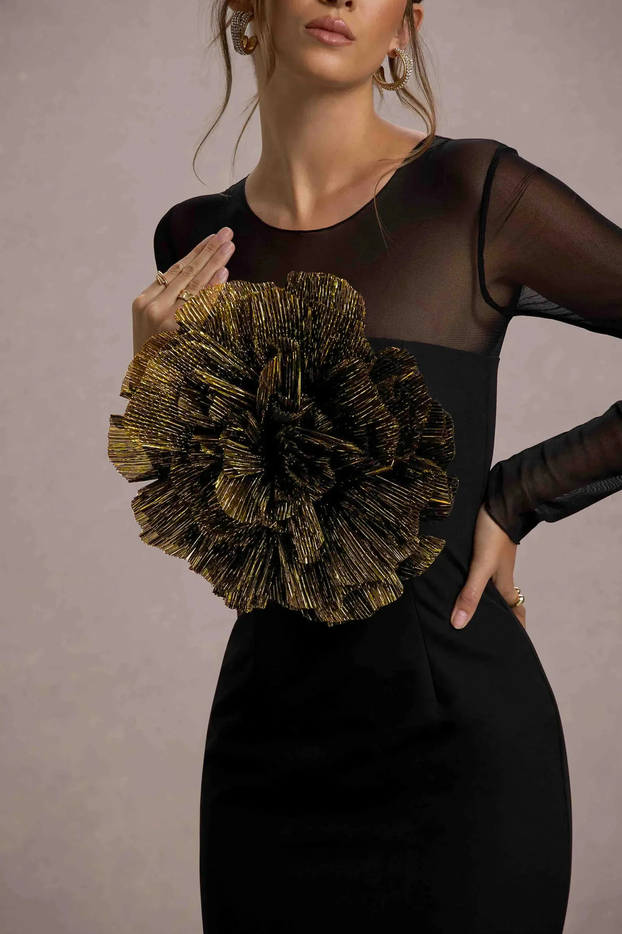 Ruchi Black Sheer Mini Dress With Corsage Detail