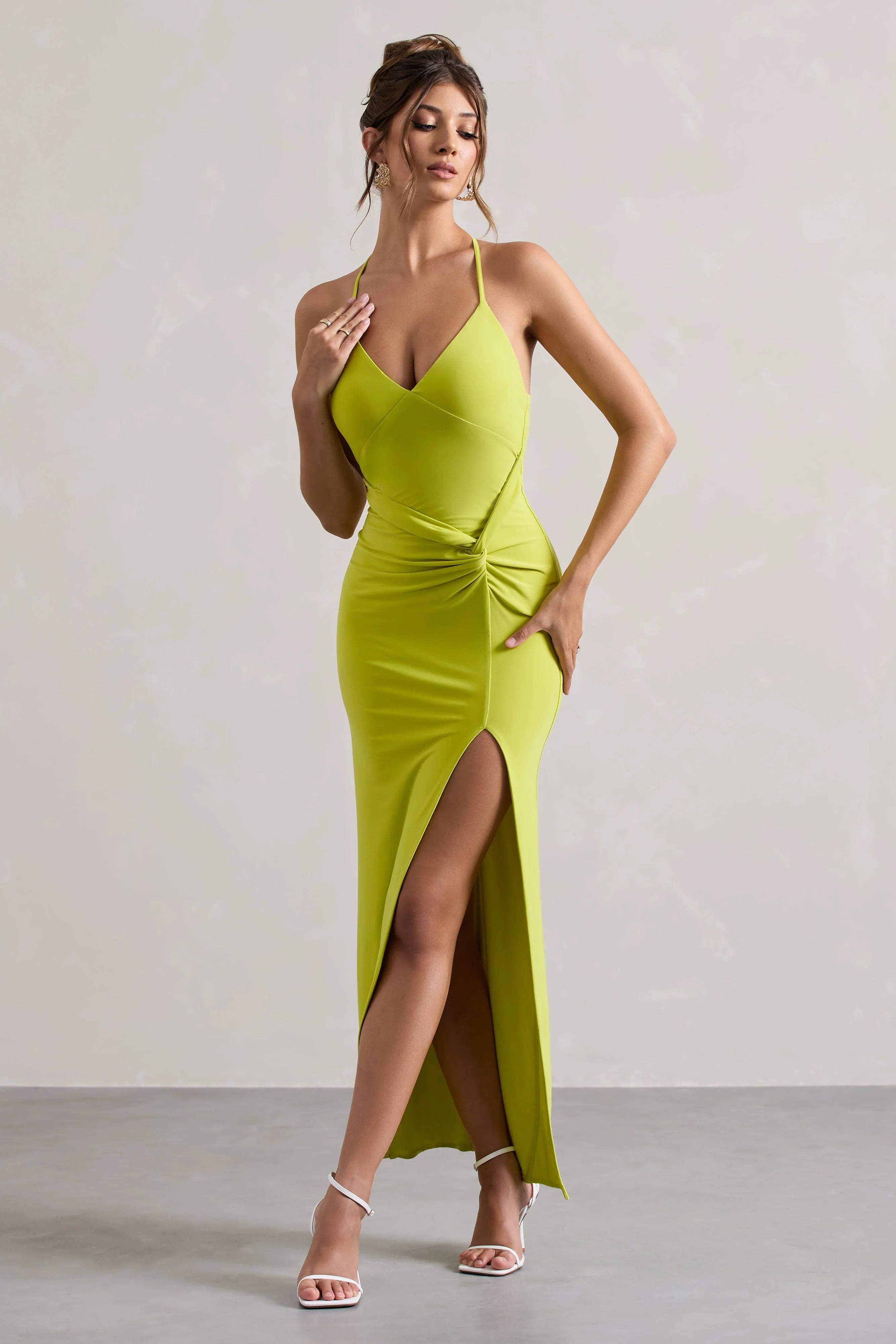 Domenica Lime Green Halter Neck Wrap Maxi Dress