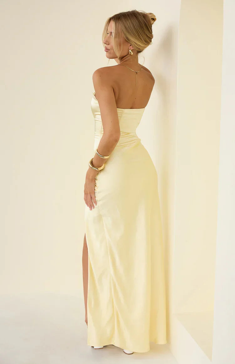 Sasha Yellow Ruched Twist Satin Maxi Dress PRE ORDER