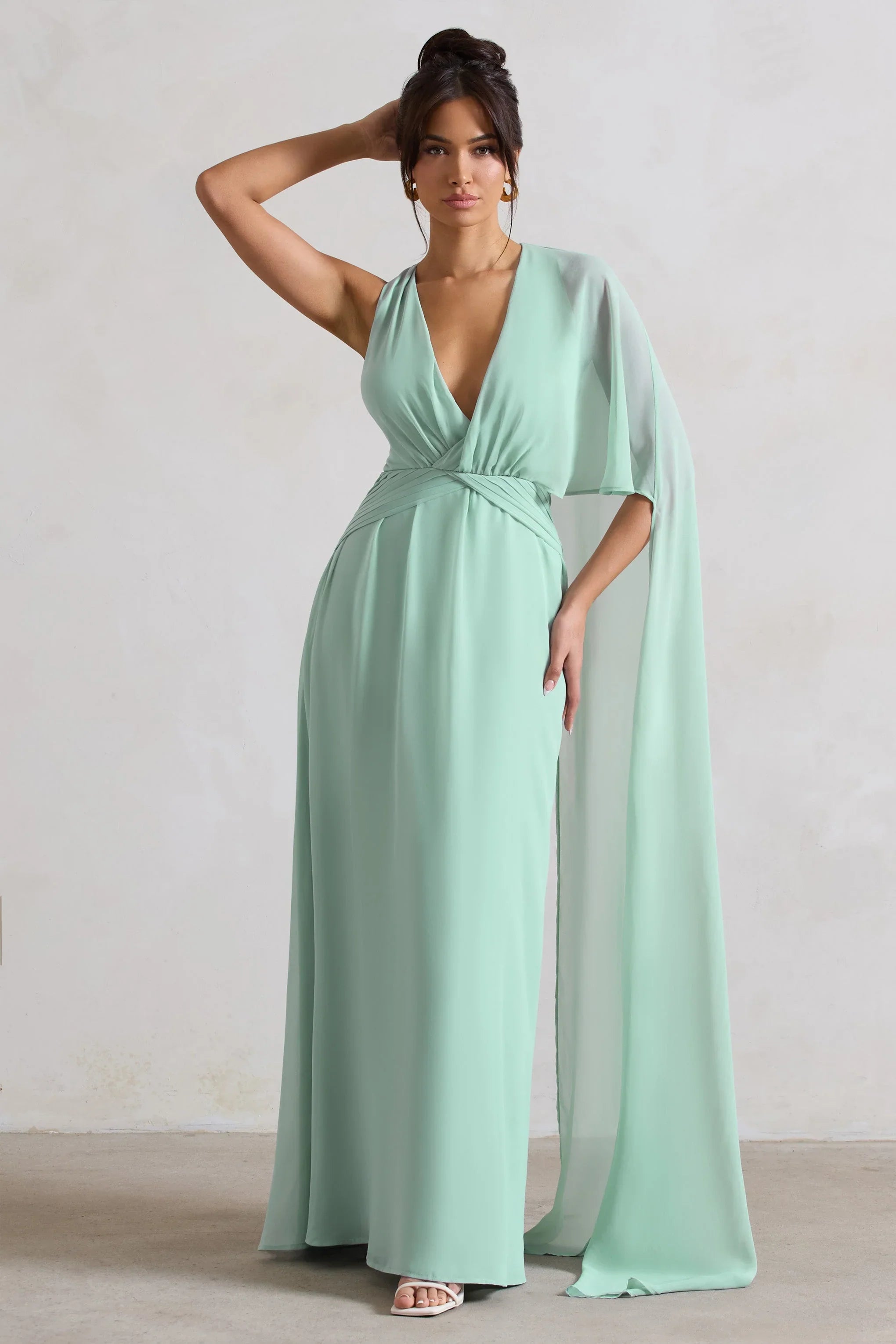 Fairytale Sage Plunge Neck Chiffon Maxi Dress With Cape Sleeve