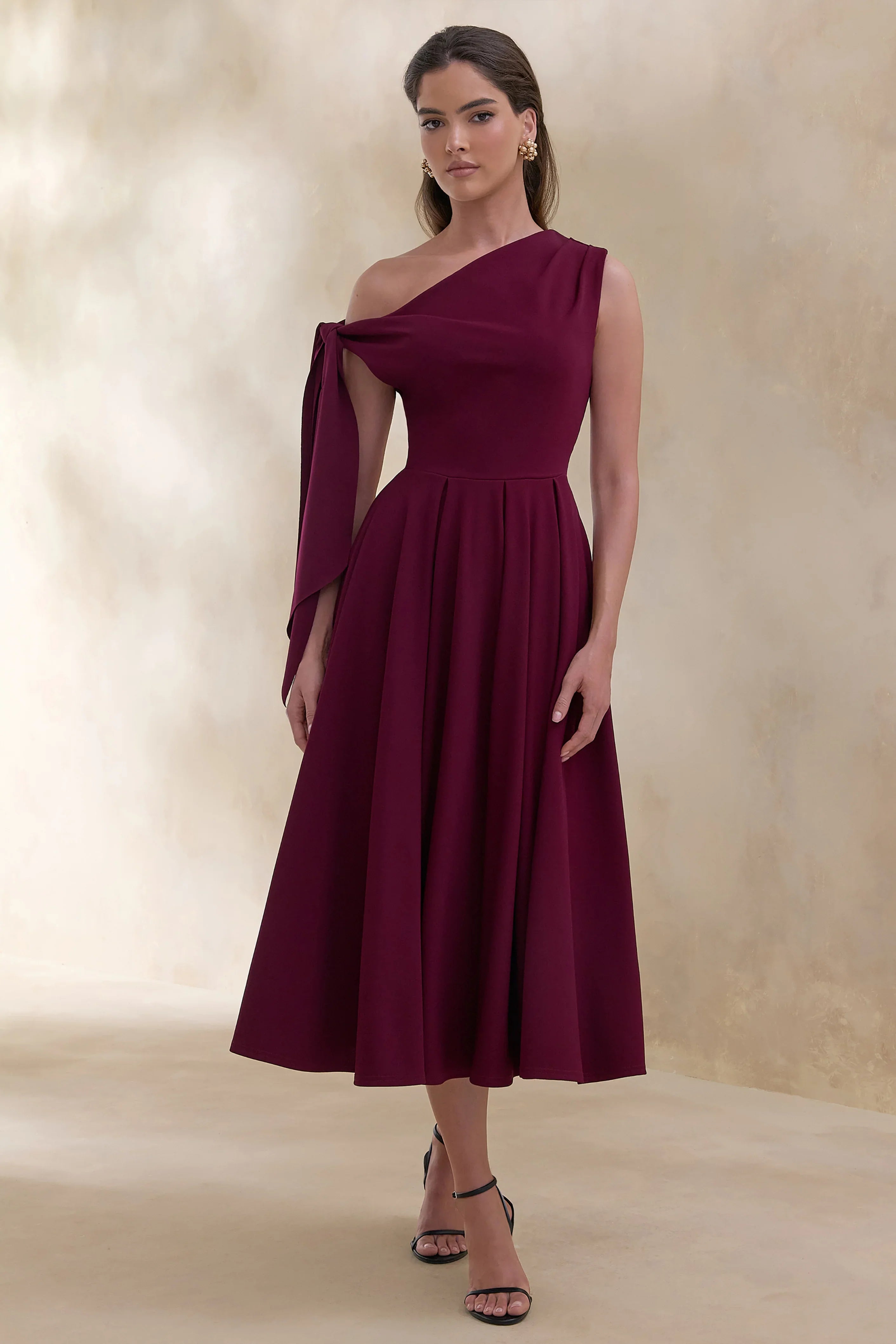 Daring Burgundy Asymmetric Neck Midi Dress With Knot Detail