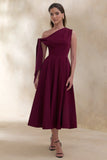 Daring Burgundy Asymmetric Neck Midi Dress With Knot Detail
