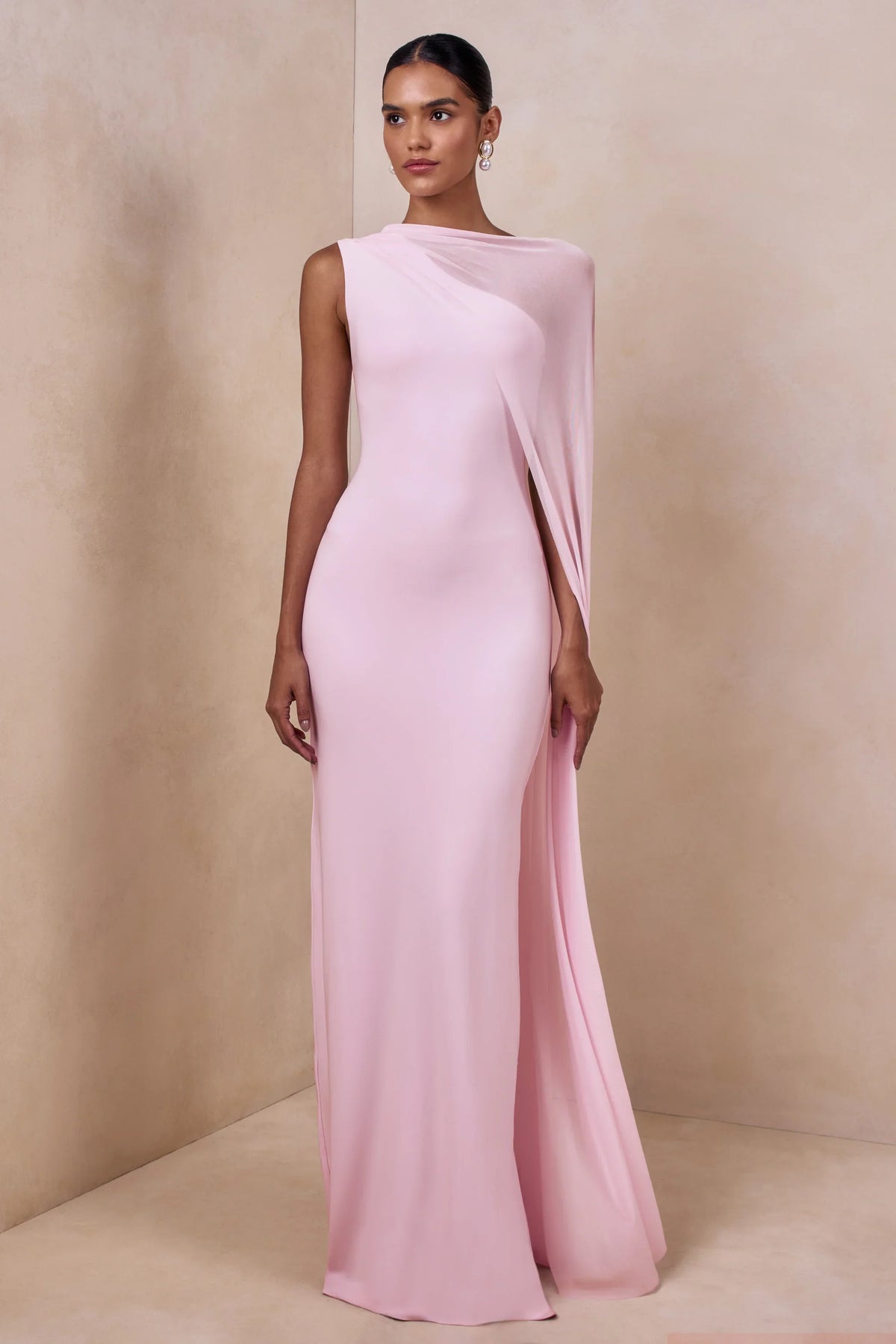 Mirelle Light Pink Boat Neck Maxi Dress With Cape Sleeve