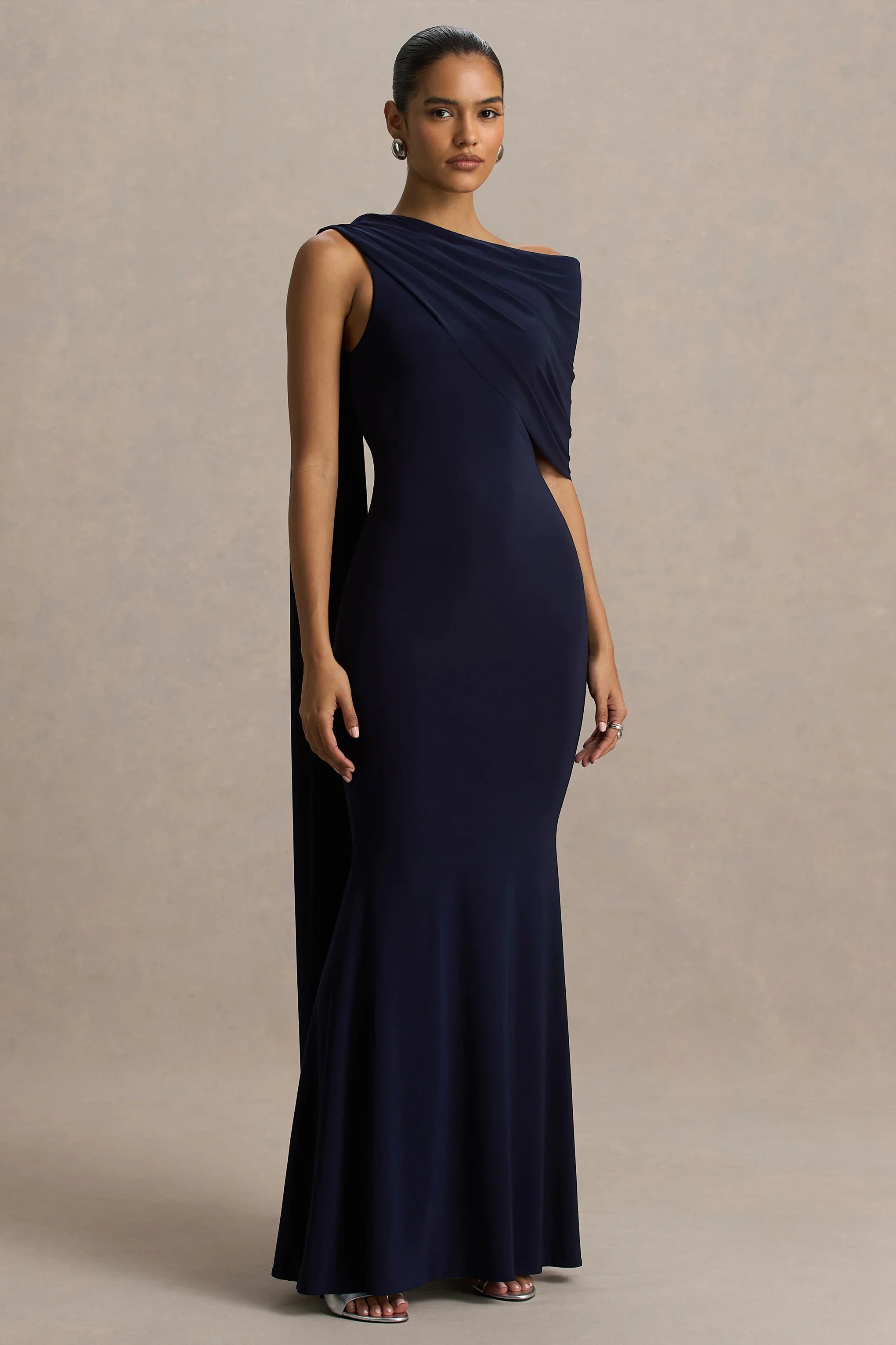 Tiana Navy Asymmetric Neck Maxi Dress With Drape Detail