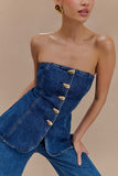 Lennox Strapless Long Line Button Top Dark Blue