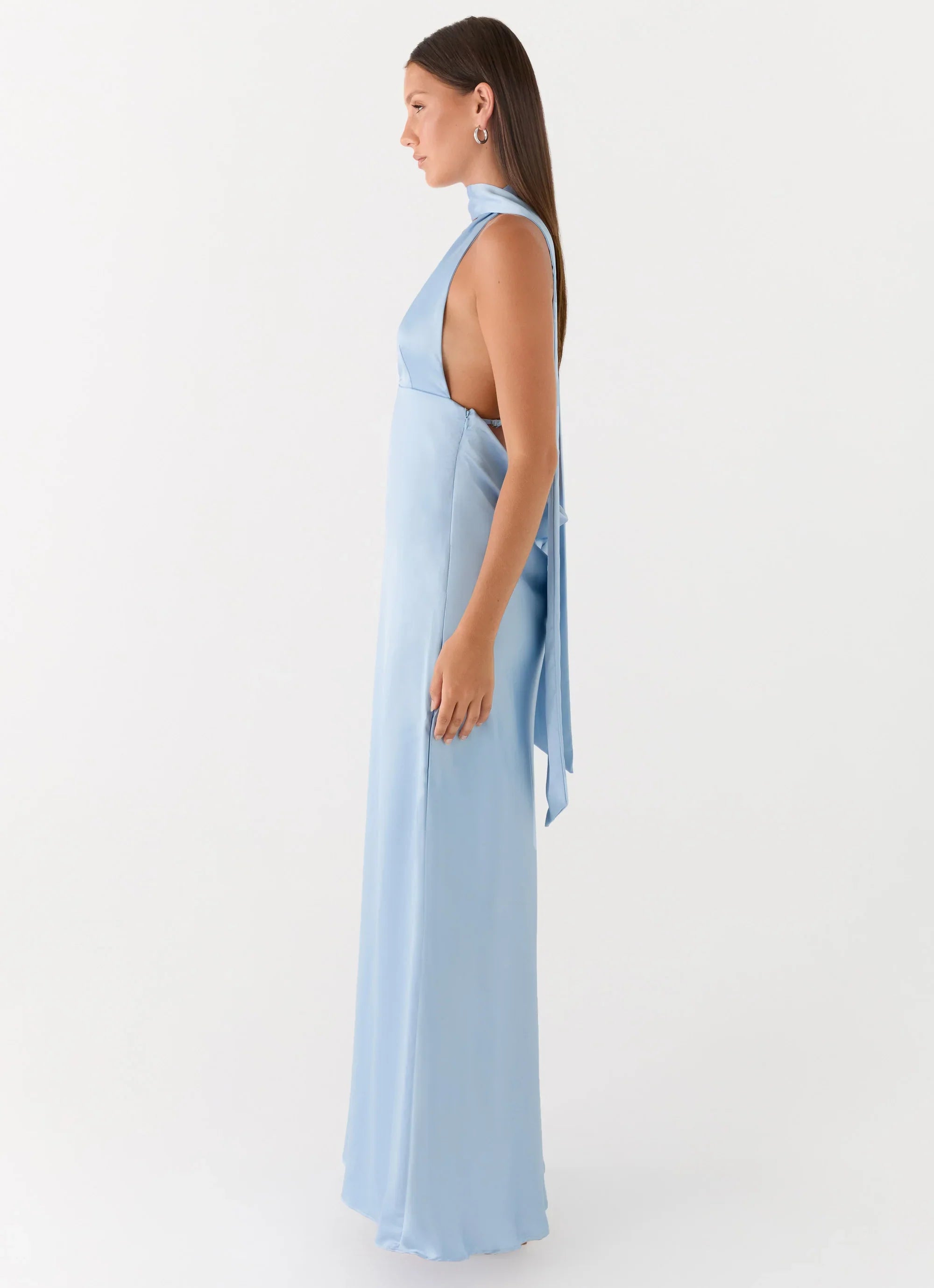 Alicia Satin Halter Maxi Dress Baby Blue