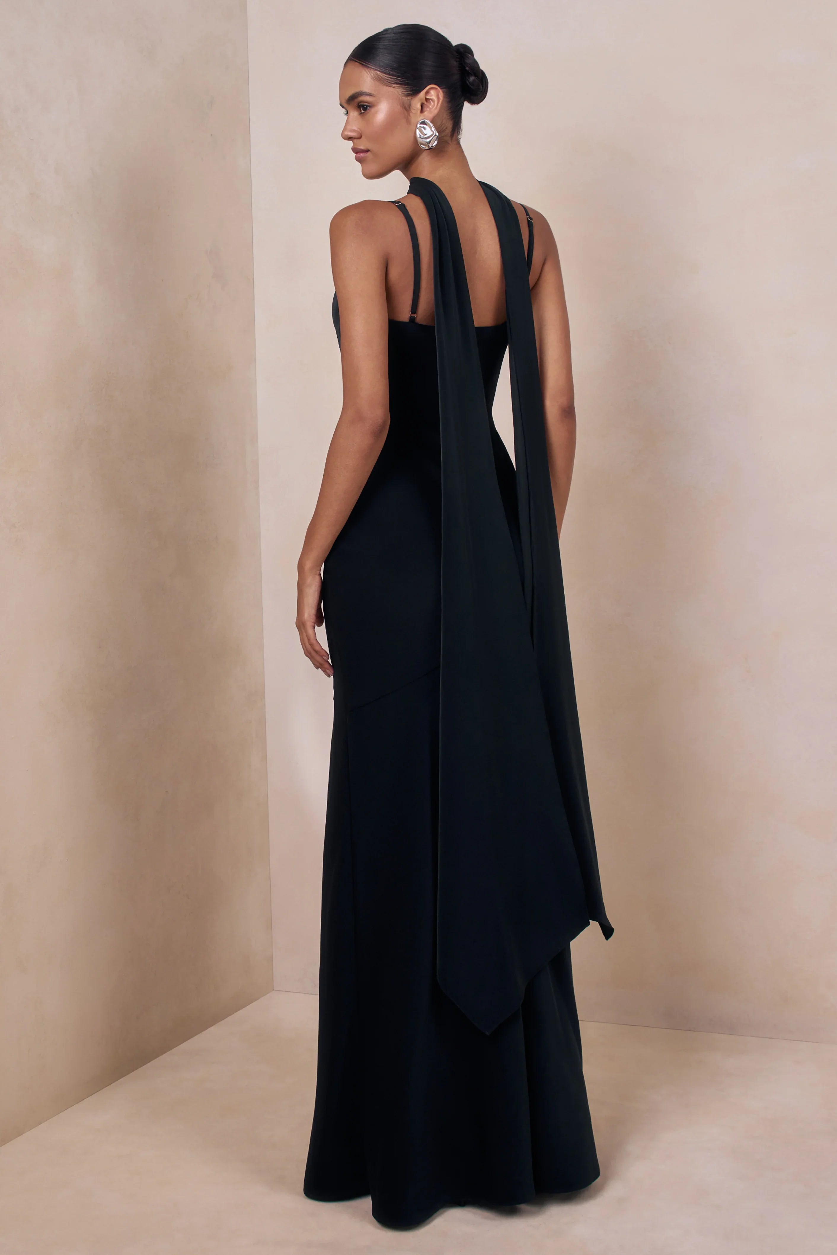 Starling Black Matte Satin Plunge Neck Maxi Dress With Scarf Detail