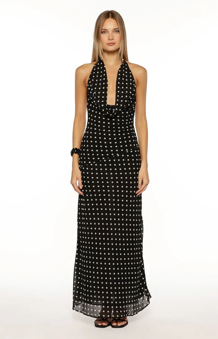 North Black Polka Dot Cowl Neck Maxi Dress