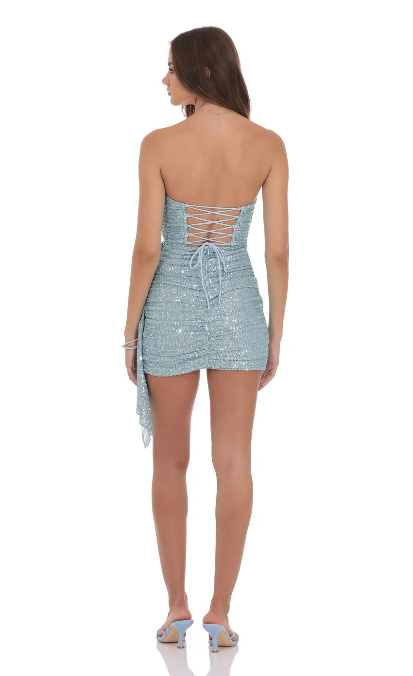 Strapless Sequin Tassel Corset Dress in Light Blue