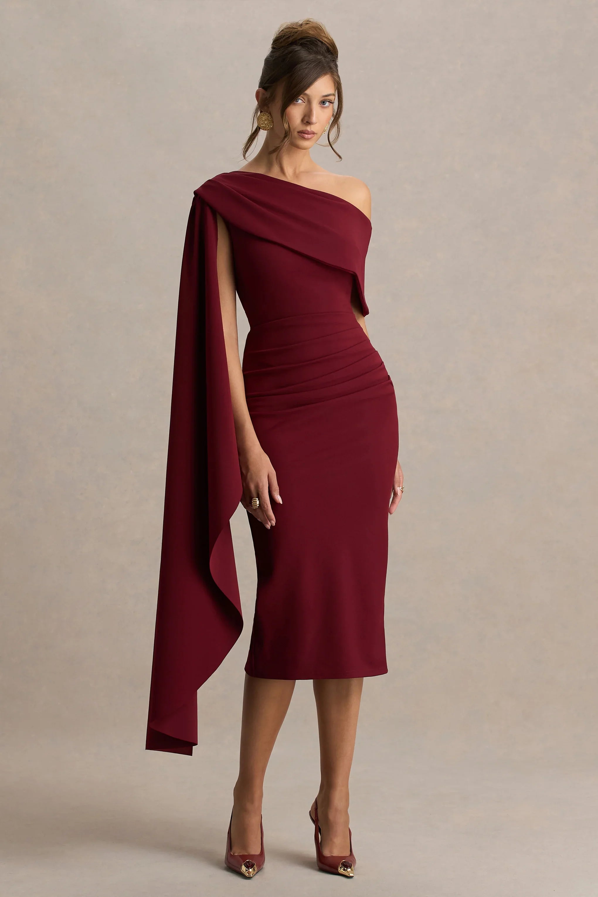 Leah Burgundy Asymmetric Neck Midi Dress With Cape Sleeve