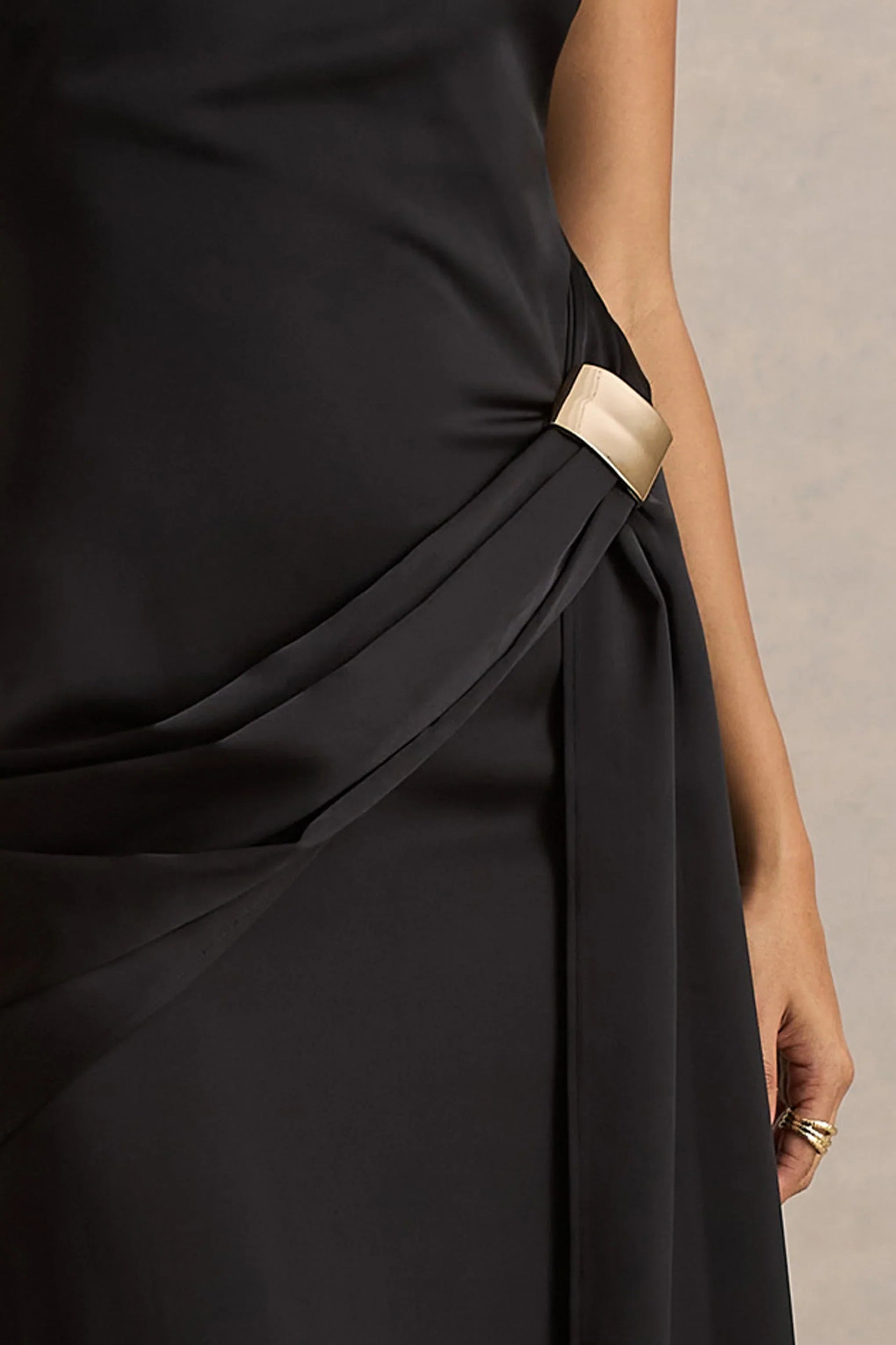 Influence Black Satin Slashed Neck Maxi Dress With Embellished Detail And Sash