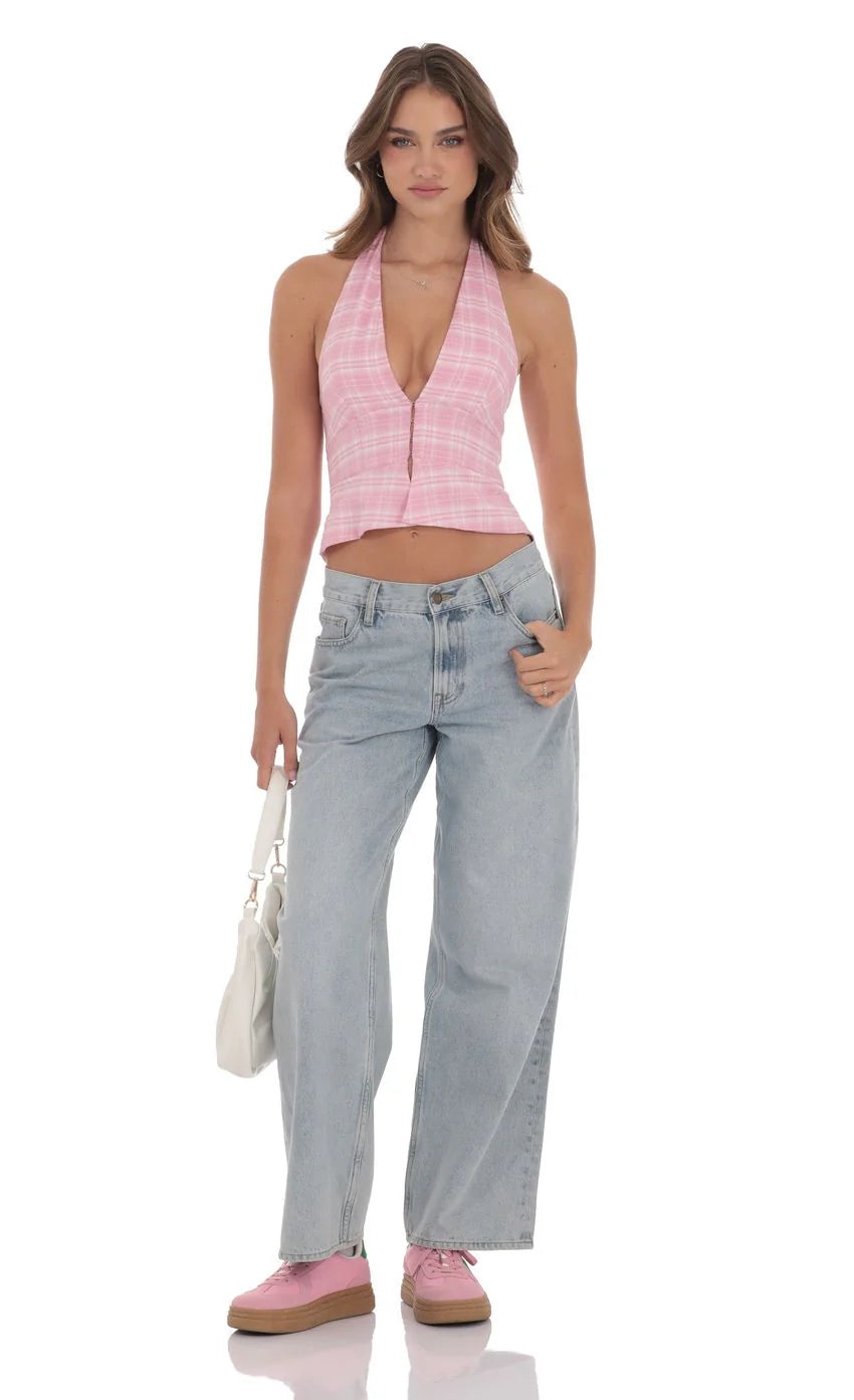 Plaid V Neck Halter Top in Pink