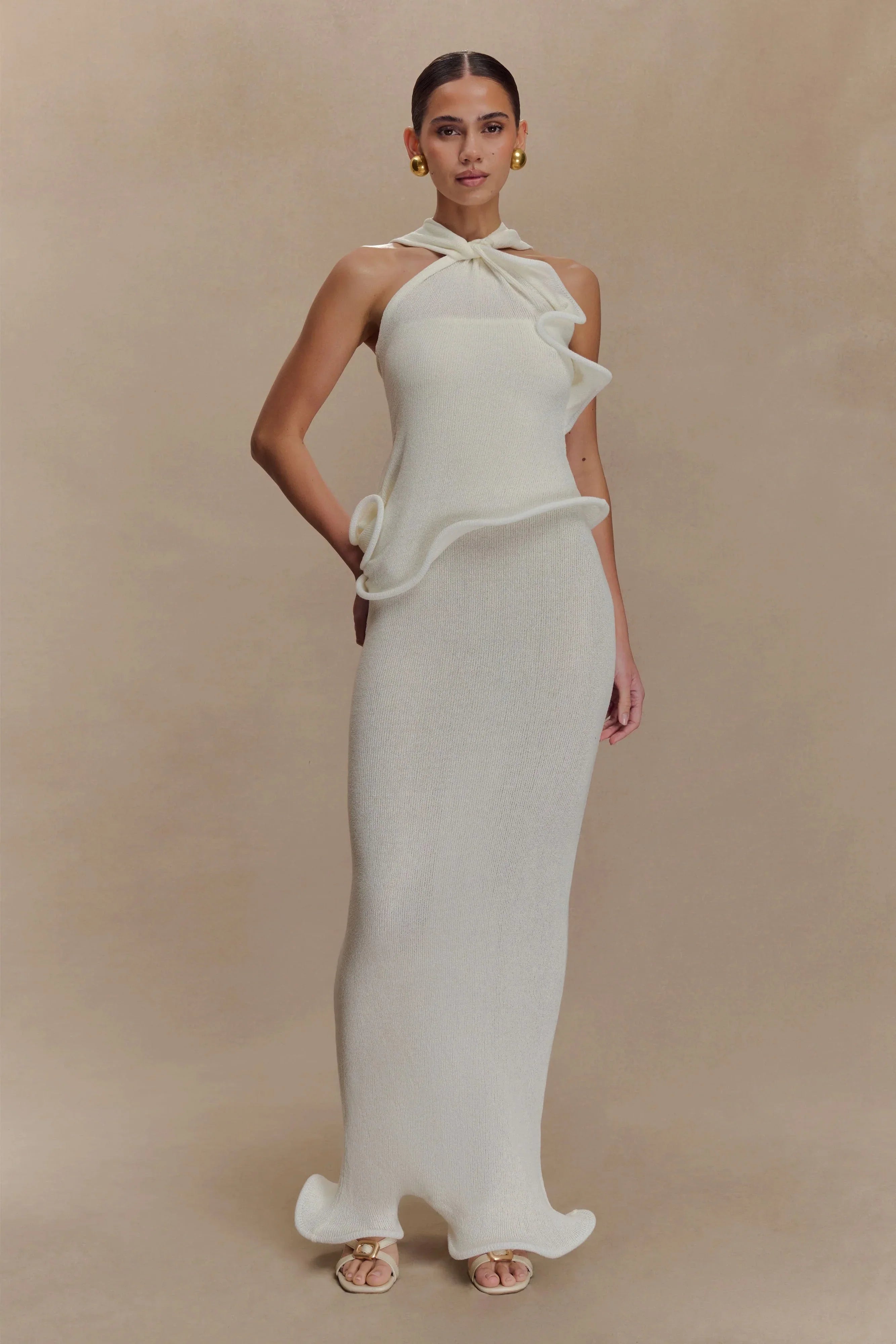 Caprice Halter Knit Maxi Dress White