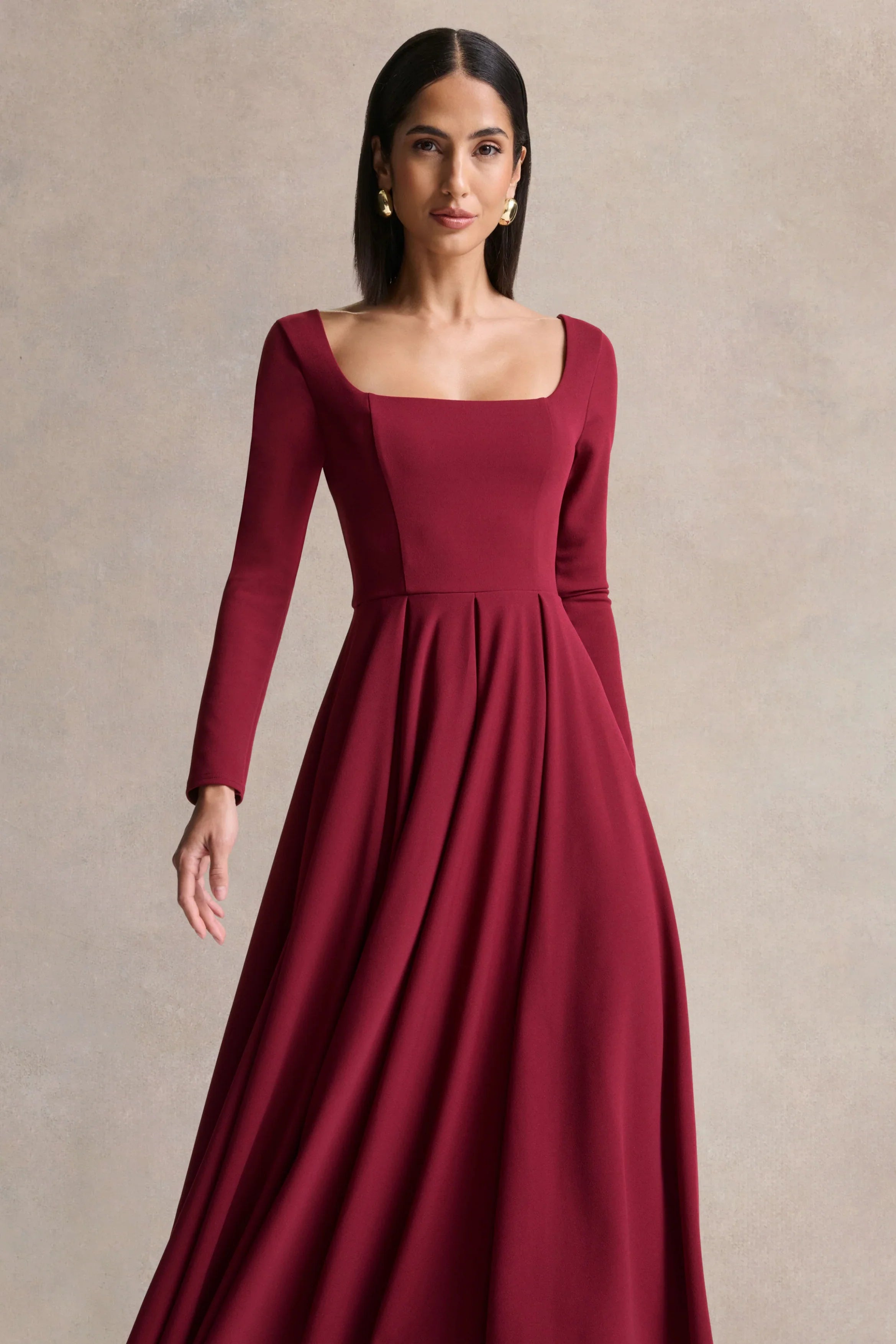 Alison Burgundy Square Neck A Line Midi Dress