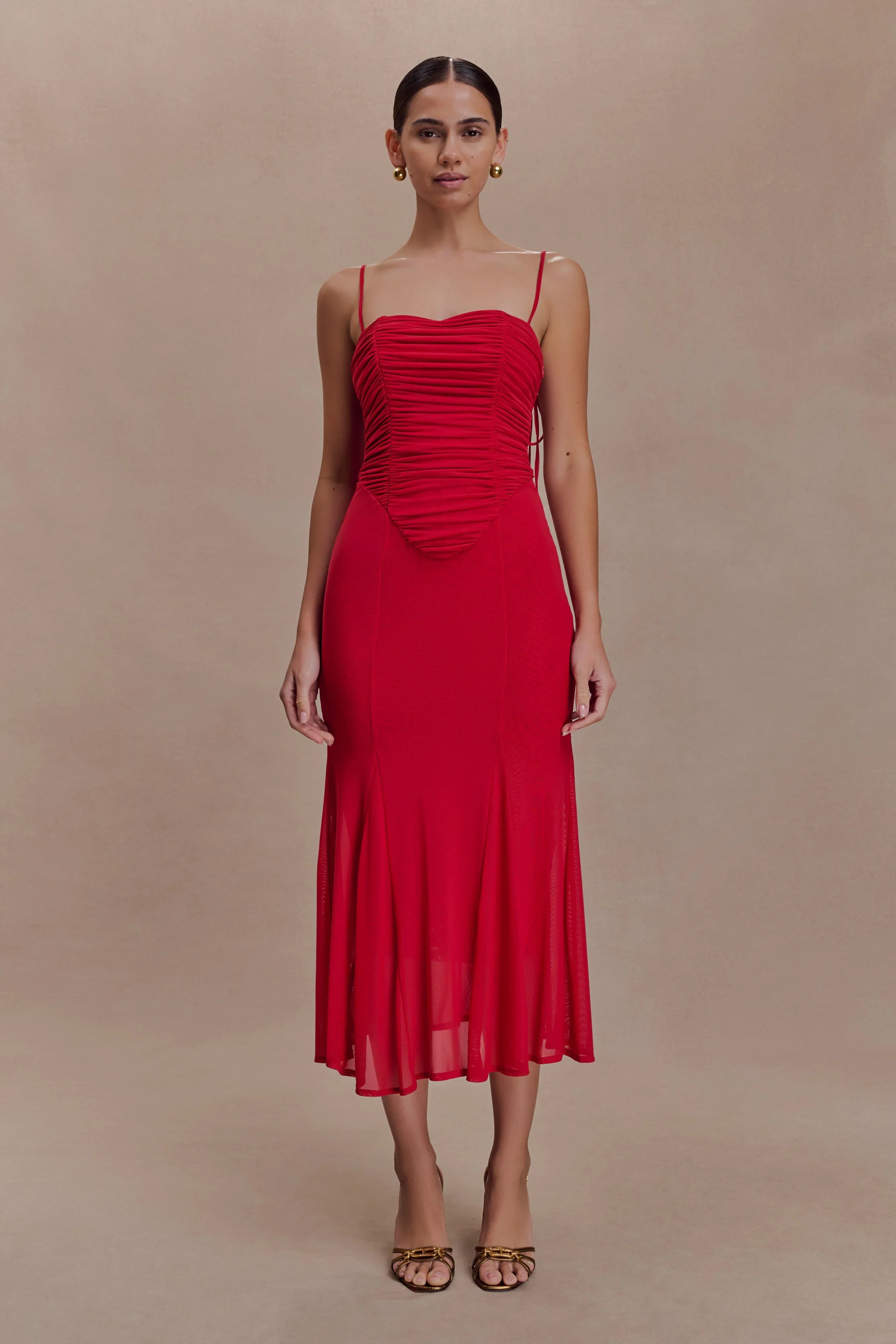 Willa Gathered Mesh Midi Dress Ruby