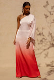Jayla Red Ombre Satin Asymmetric Maxi Dress With Long Sleeve