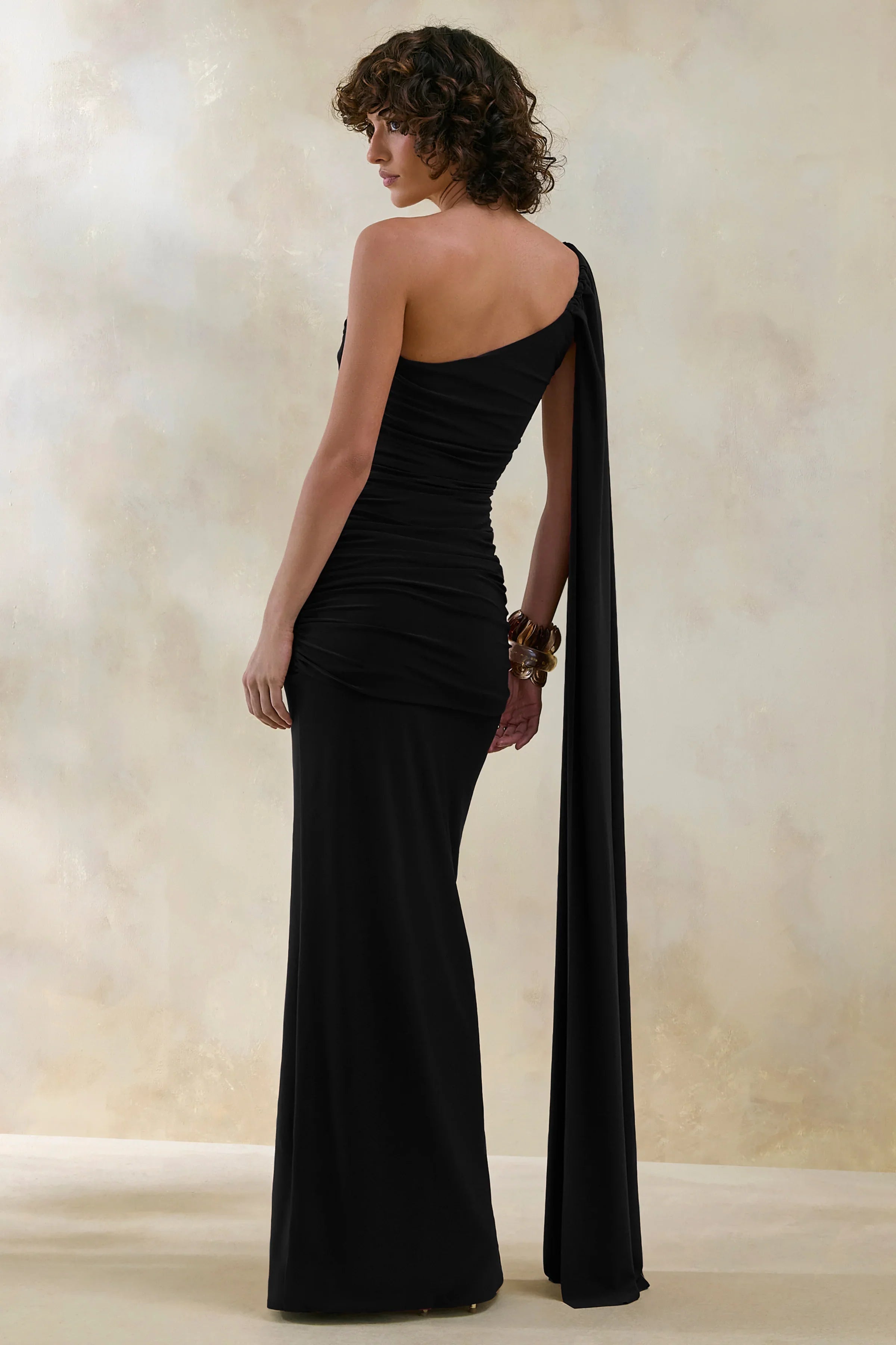 Bettine Black Asymmetric Neck Maxi Dress With Cape Sleeve