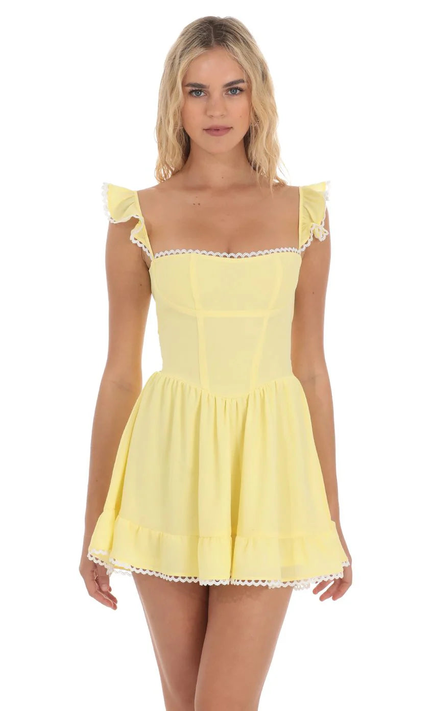Embroidered Trim A line Dress in Yellow