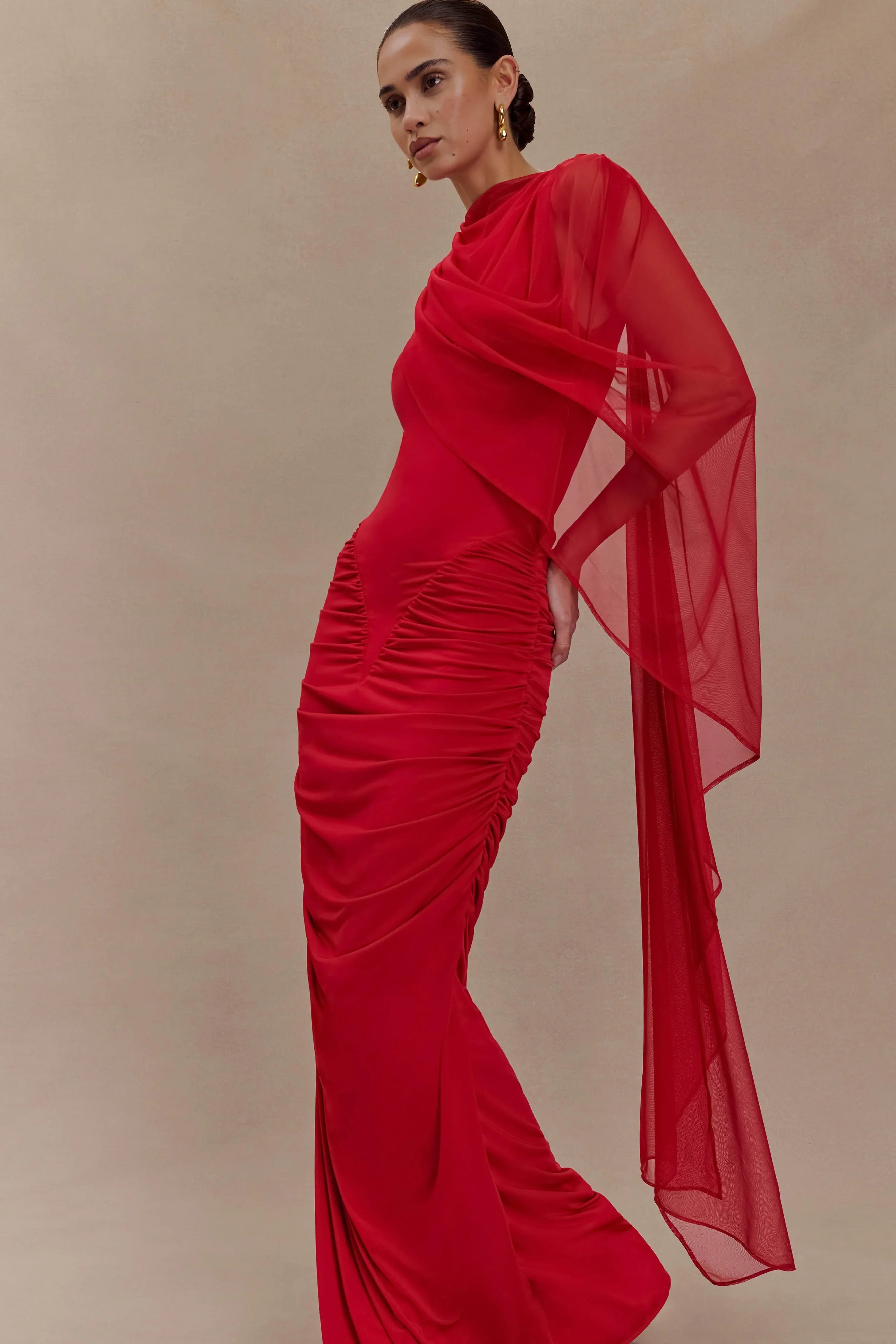 Amandine Ruched Slinky Maxi Dress Ruby