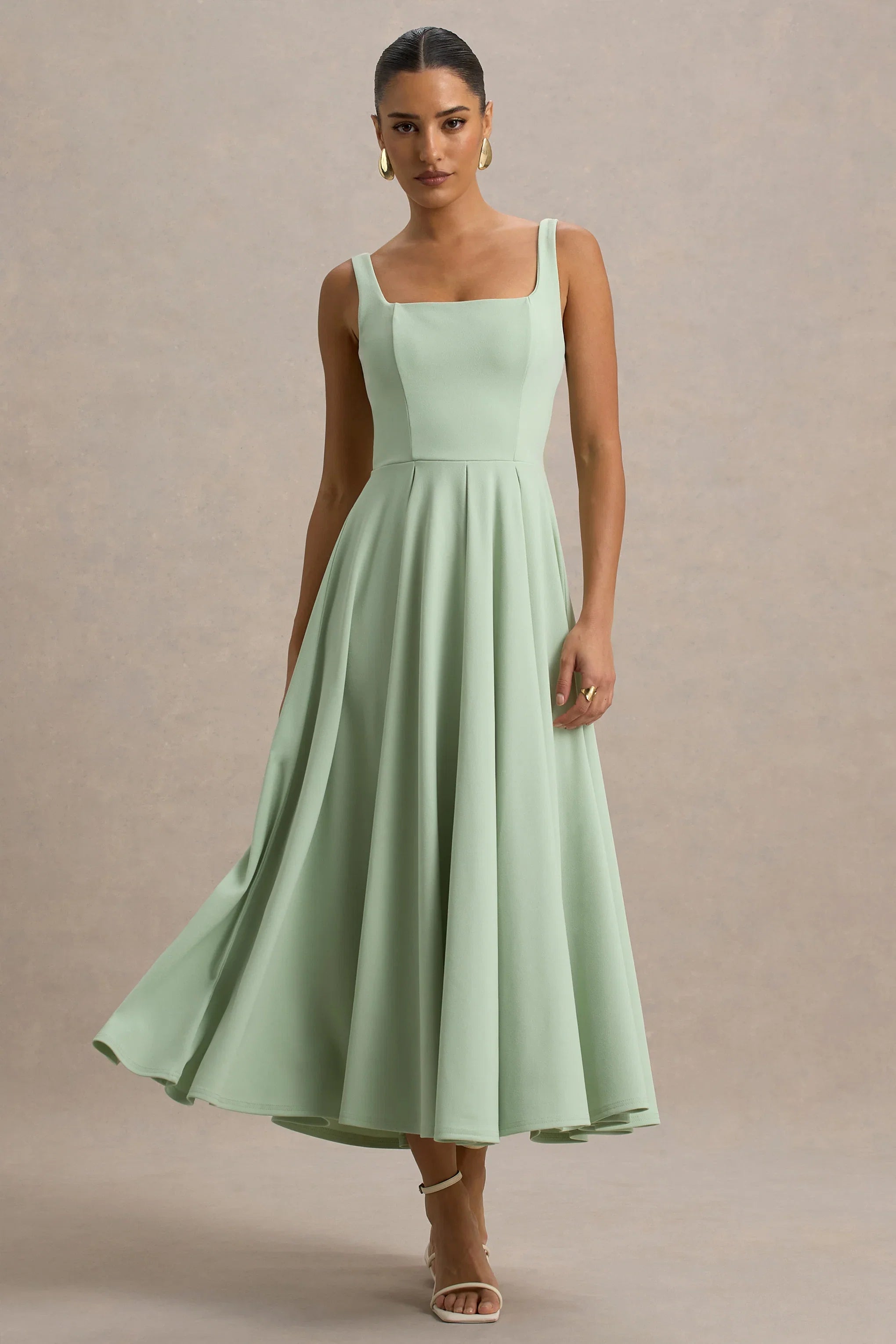 Parina Light Green Strappy Volume Hem Midi Dress