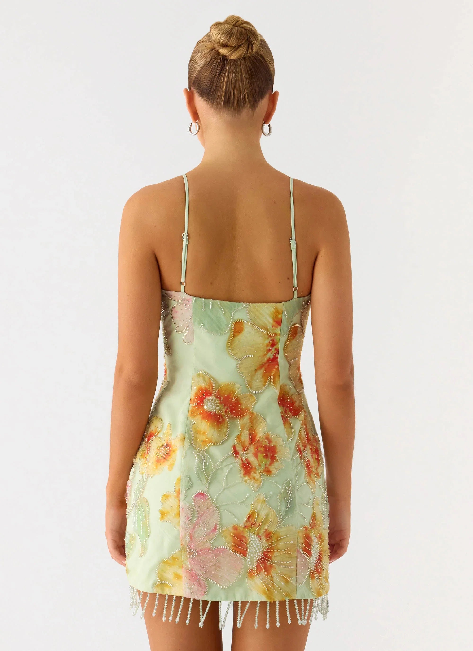 Gatiana Beaded Sequin Mini Dress Green Floral Beaded