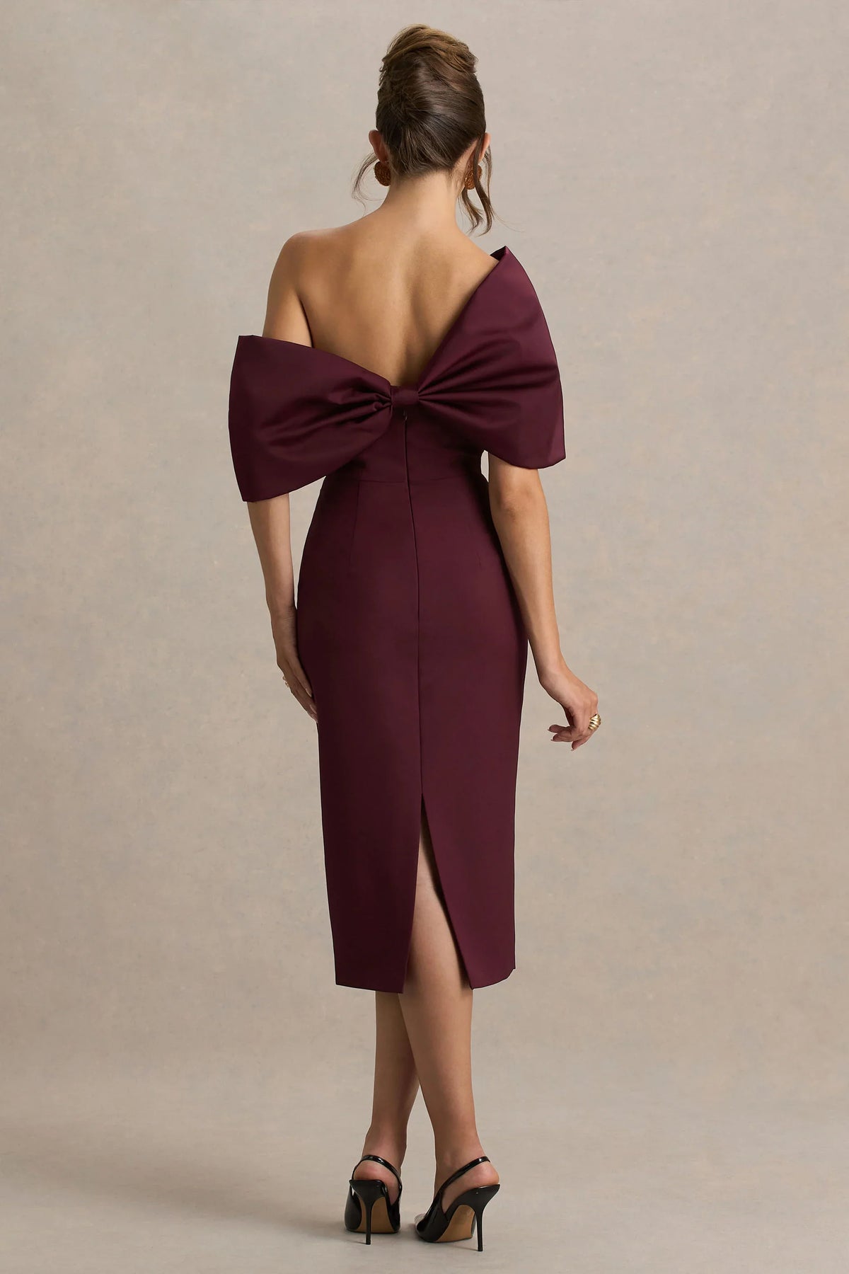Lucille Burgundy Asymmetric Bardot Midi Dress With Bow Detail