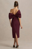 Lucille Burgundy Asymmetric Bardot Midi Dress With Bow Detail