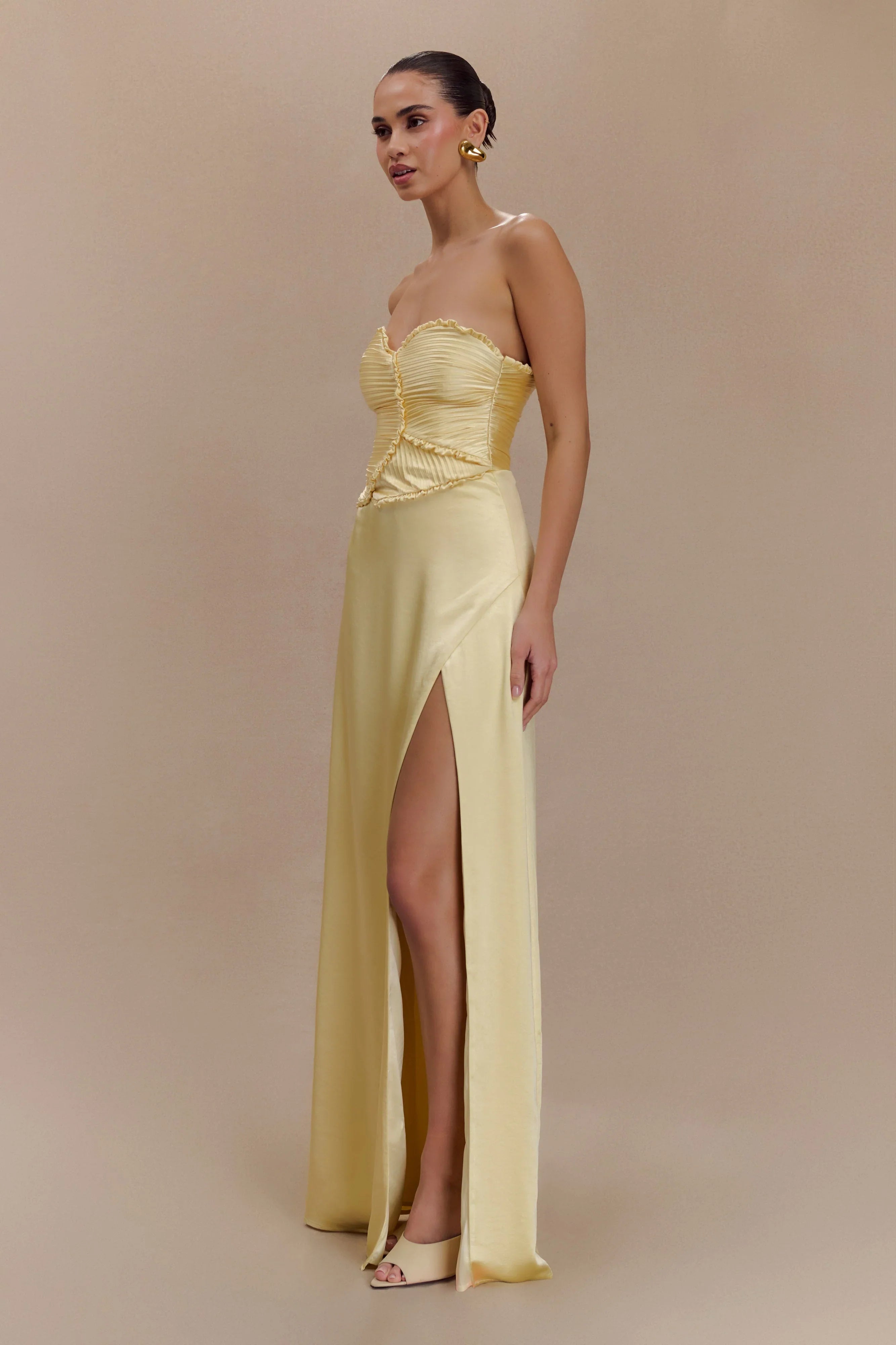 Larissa Satin Maxi Dress With Ruched Petals Lemon