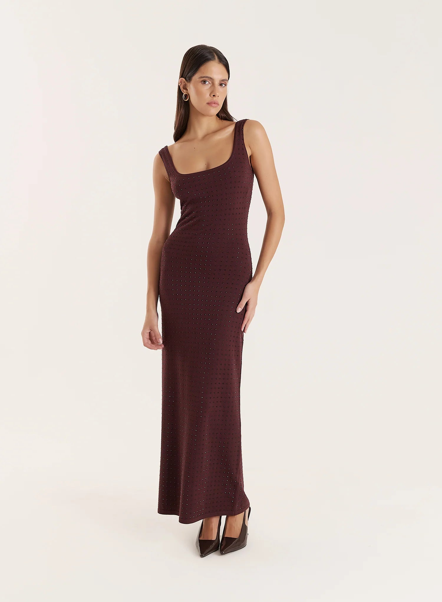 Chocolate Knitted Embellished Scoop Neck Dress