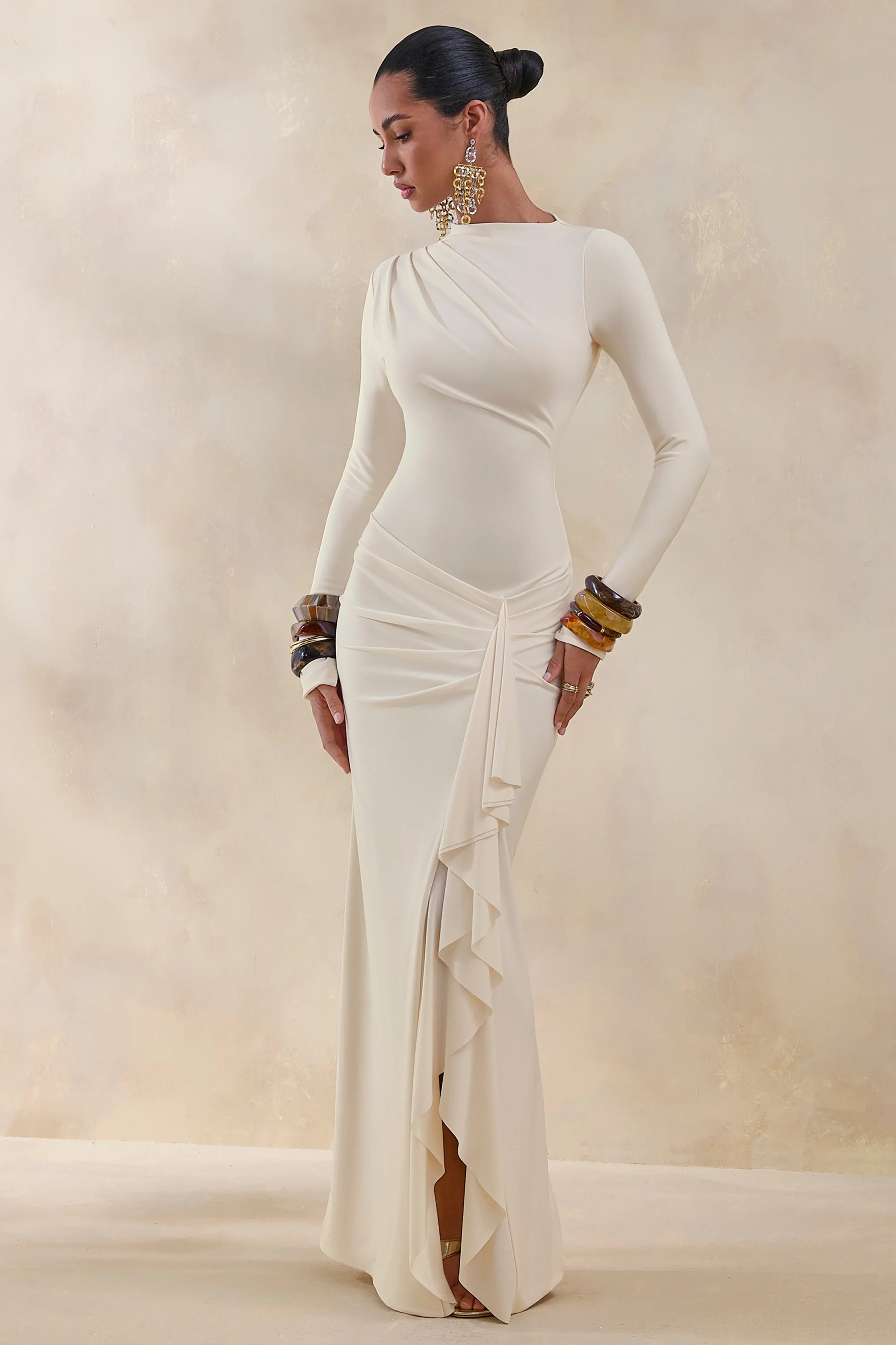 Karessa Cream High Neck Maxi Dress With Gathered Detailing And Front High Split