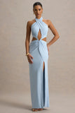 Aura Powder Blue Halter Neck Cut Out Split Maxi Dress
