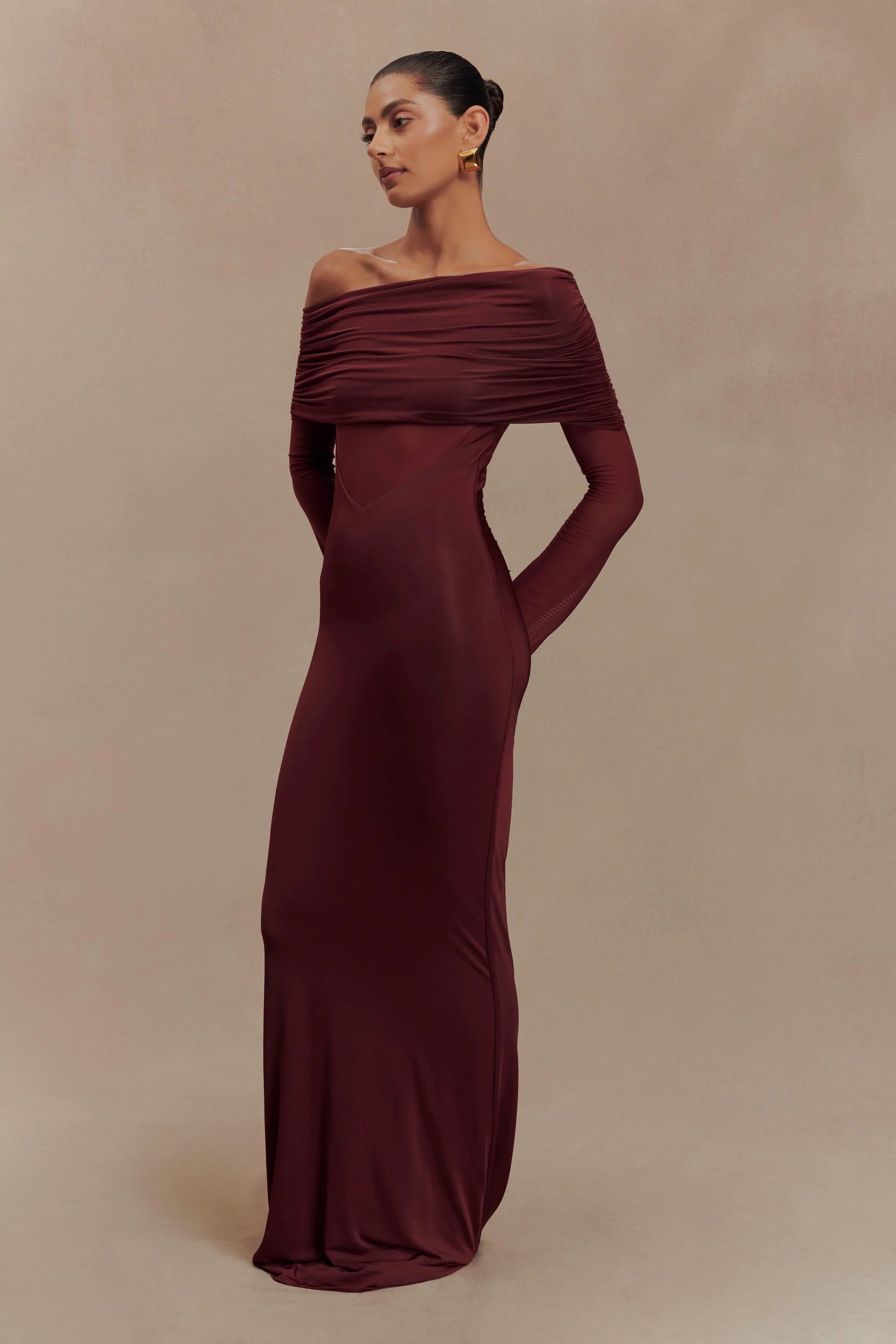 Kaitlin One Shoulder Slinky And Mesh Maxi Dress Burgundy