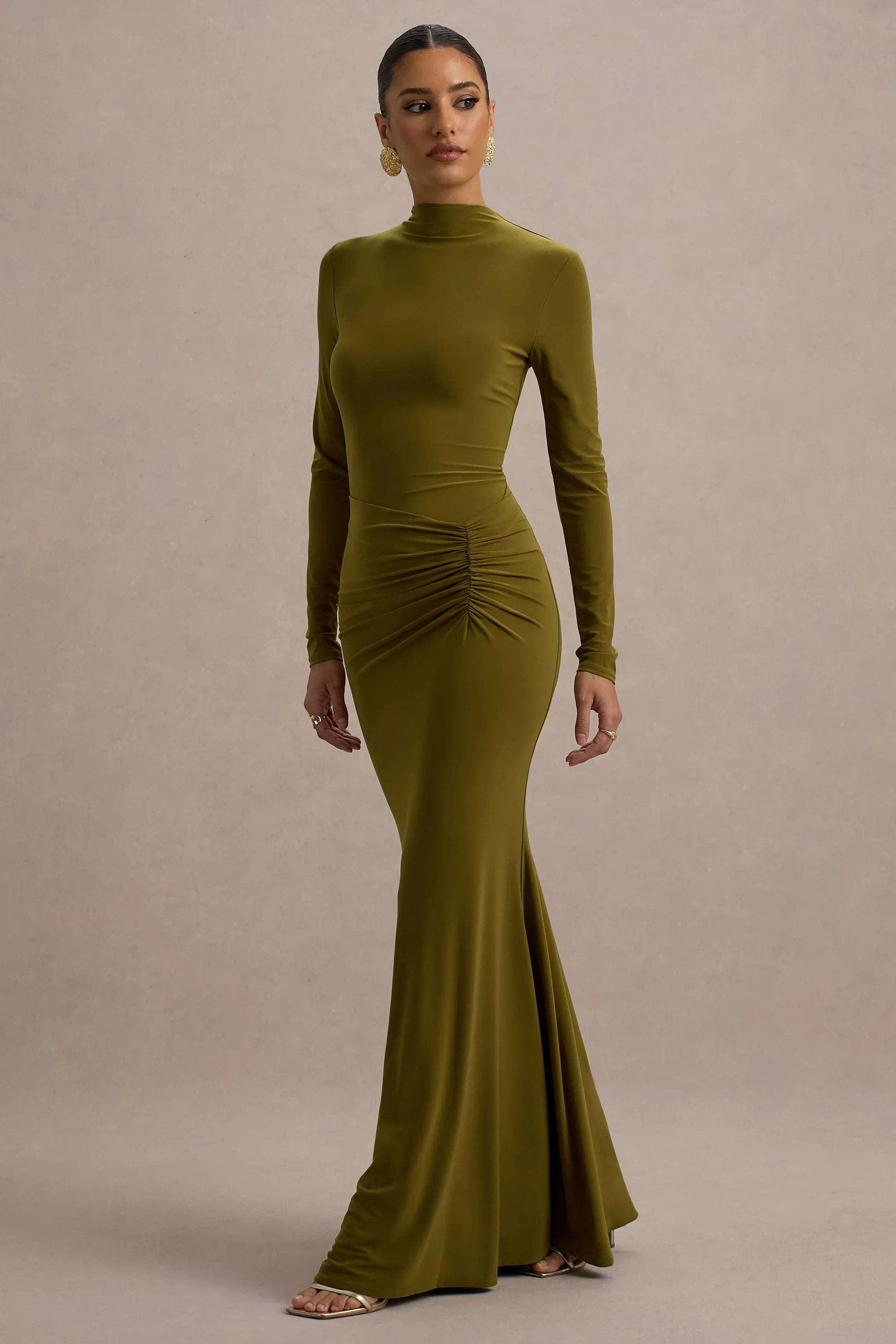 Reid Green Long Sleeve Gathered Maxi Dress