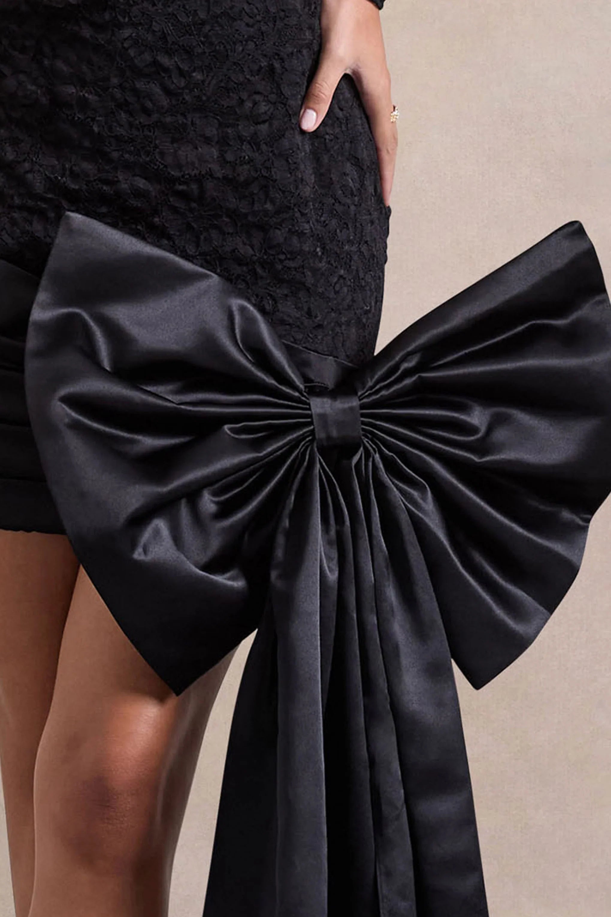 Evry Black Lace Long Sleeve Mini Dress With Oversized Satin Bow