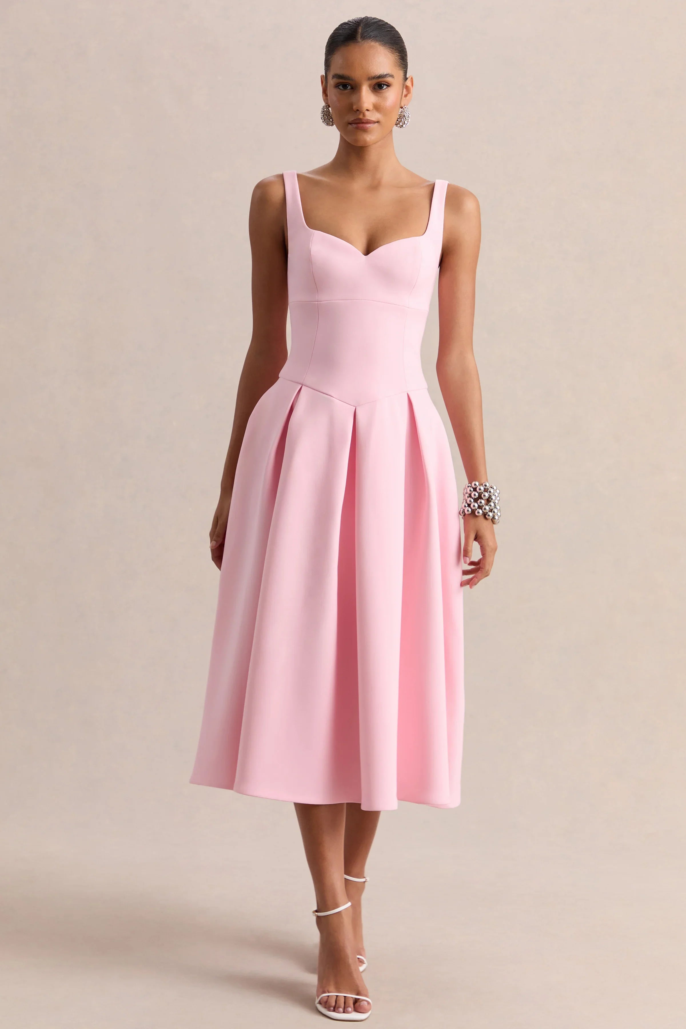 Greta Light Pink Sweetheart Neck Midi Dress