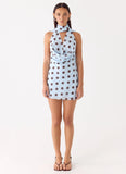 Get Me Halter Mini Dress Blue Mocha Dot