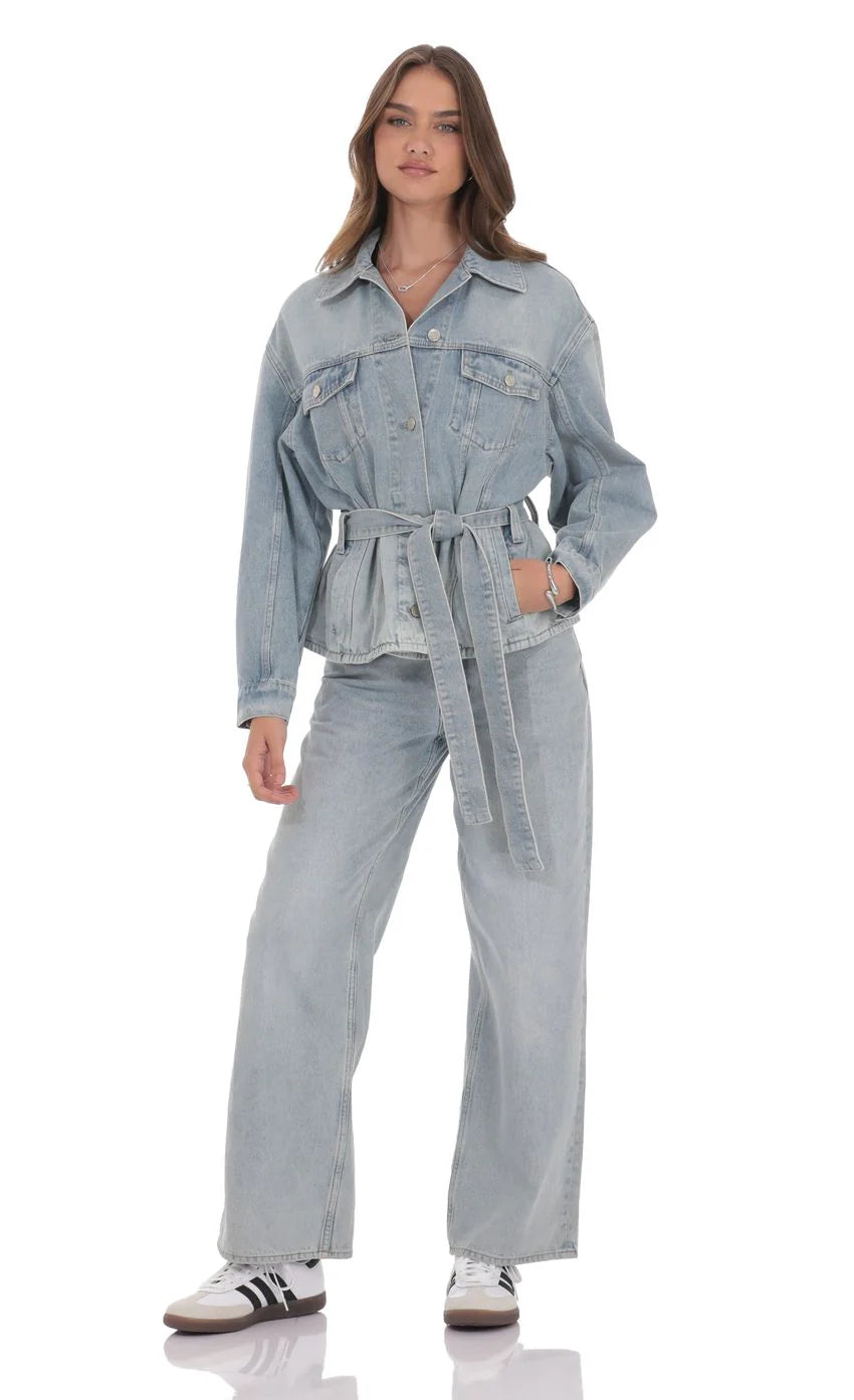 Oversized Belted Denim Jacket in Light Blue