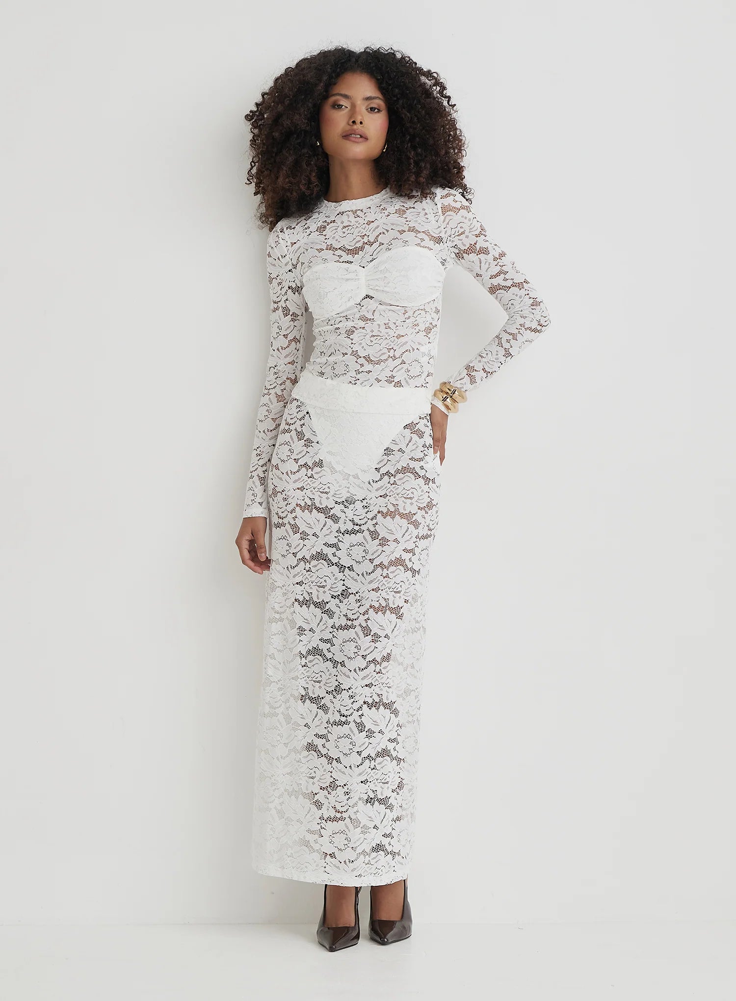 White Lace Long Sleeve Bust Detail Top