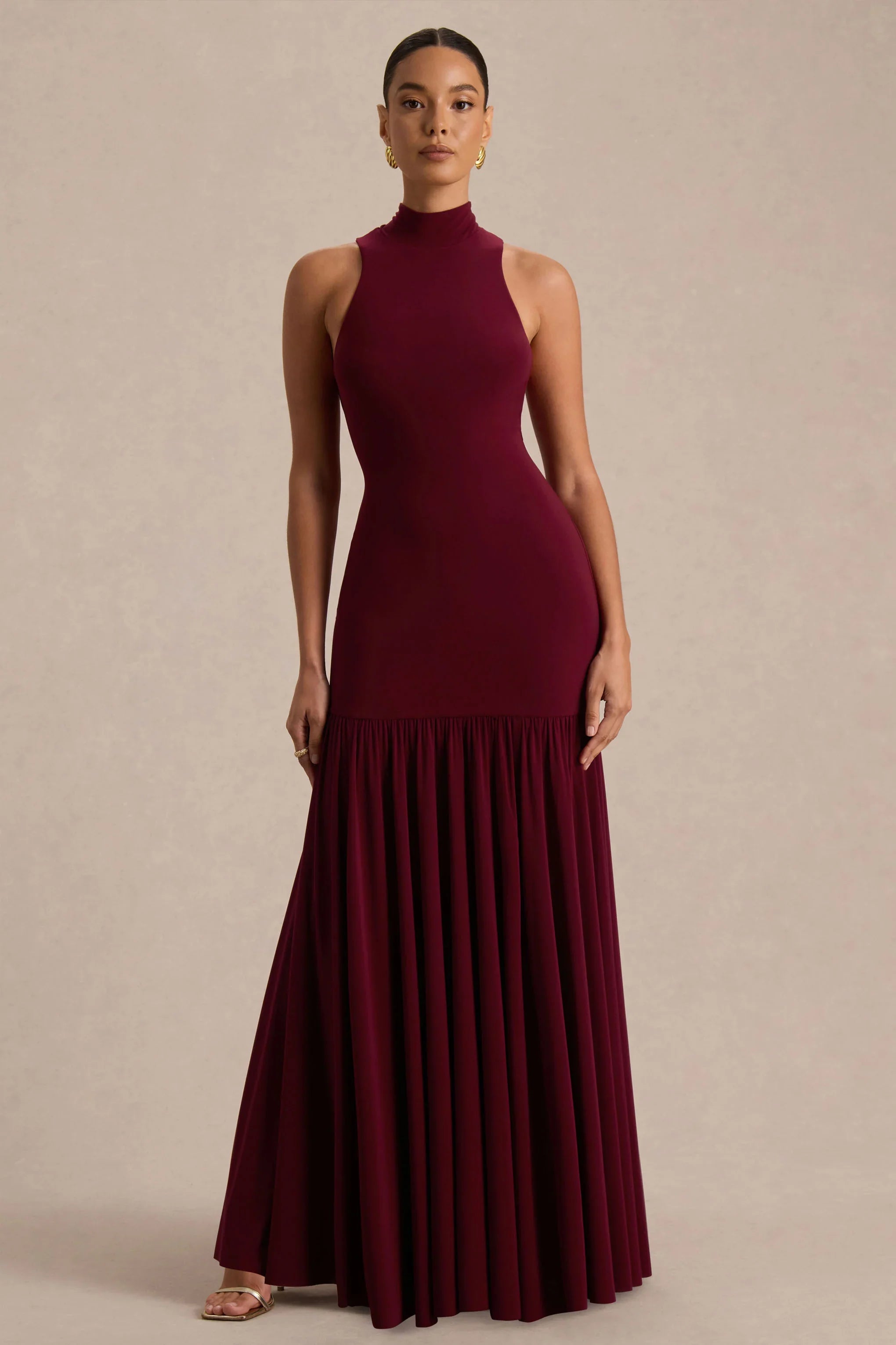 Tasmin Burgundy High Neck Maxi Dress With Drop Waist