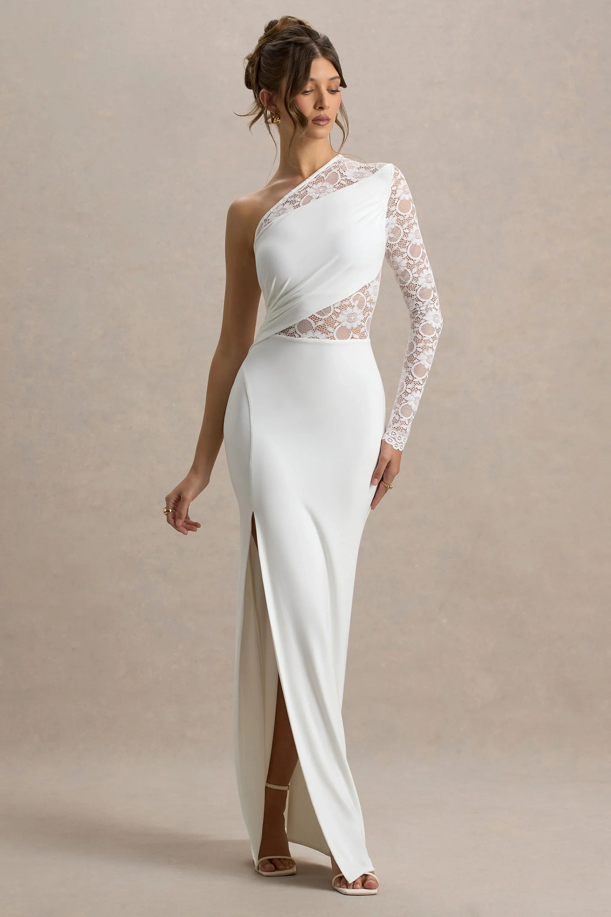 Moonlight White Asymmetric Maxi Dress With Lace Detailing