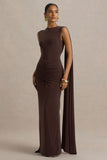 Premiere Brown Boat Neck Maxi Dress With Cape Sleeves And Open Back