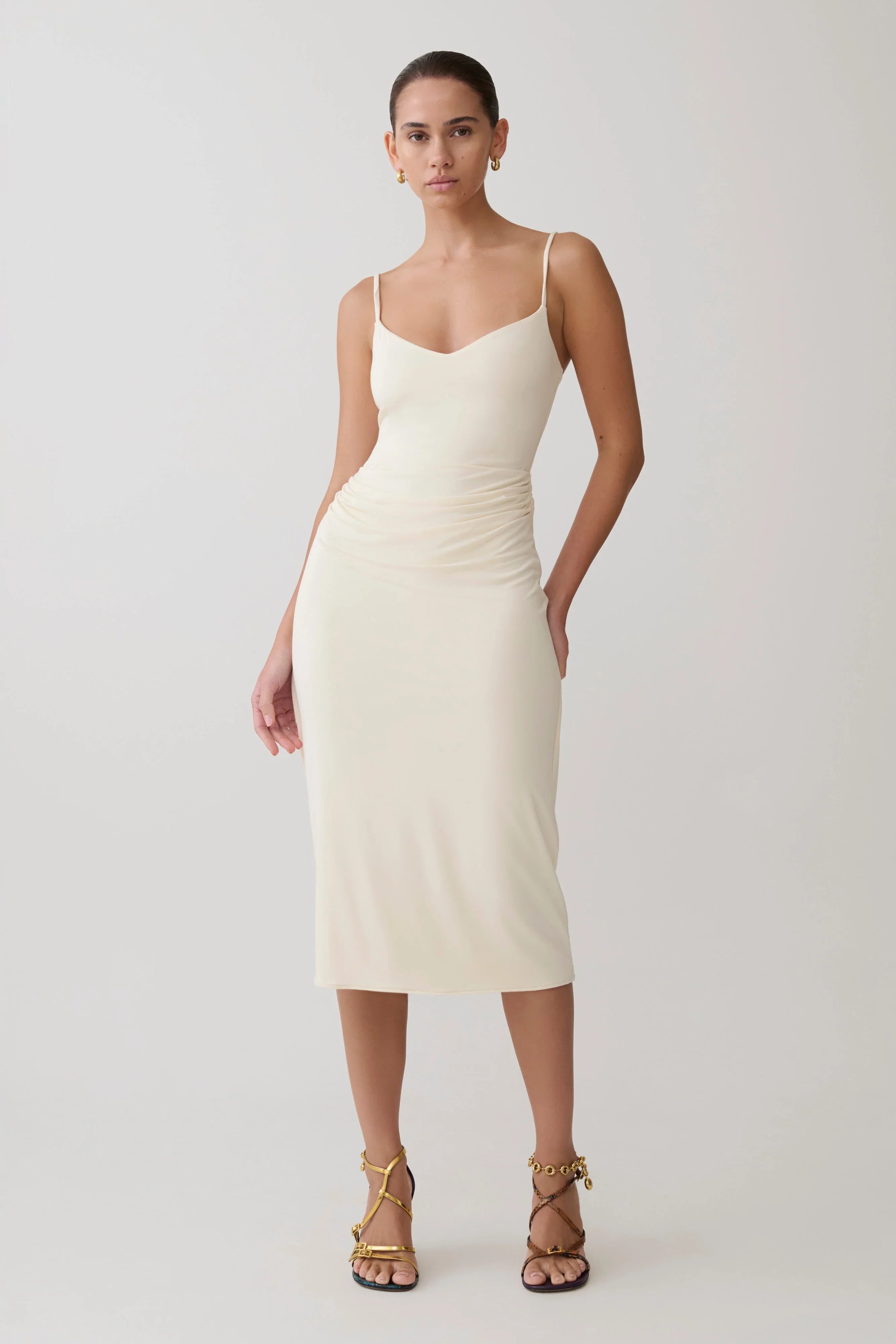 Vina Gathered Jersey Midi Dress Ivory
