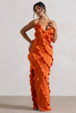 Full On Orange V Neck Ruffle Maxi Dress
