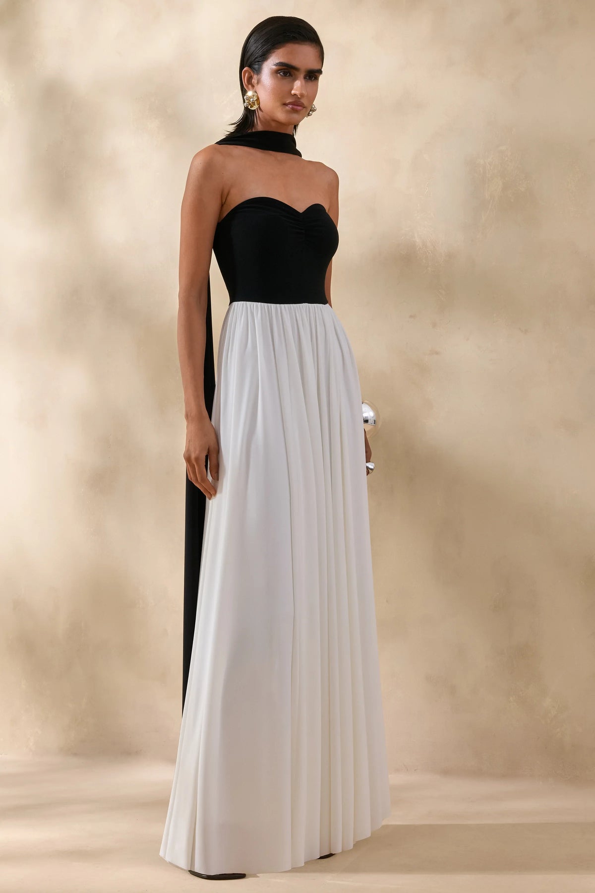 Beamora Black White Bandeau Maxi Dress With Cape