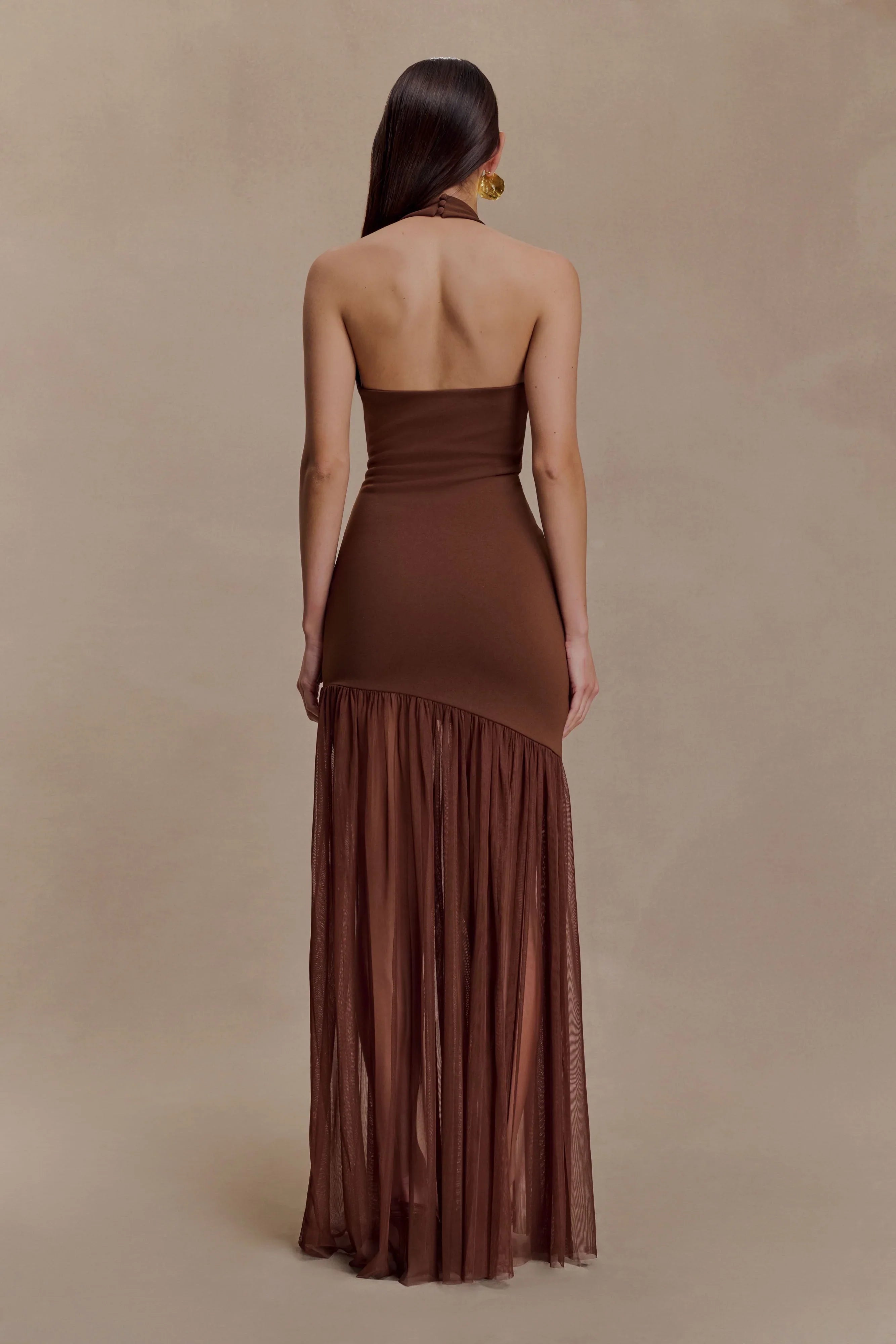 Aubree Crepe And Mesh Maxi Dress Chocolate Mocha