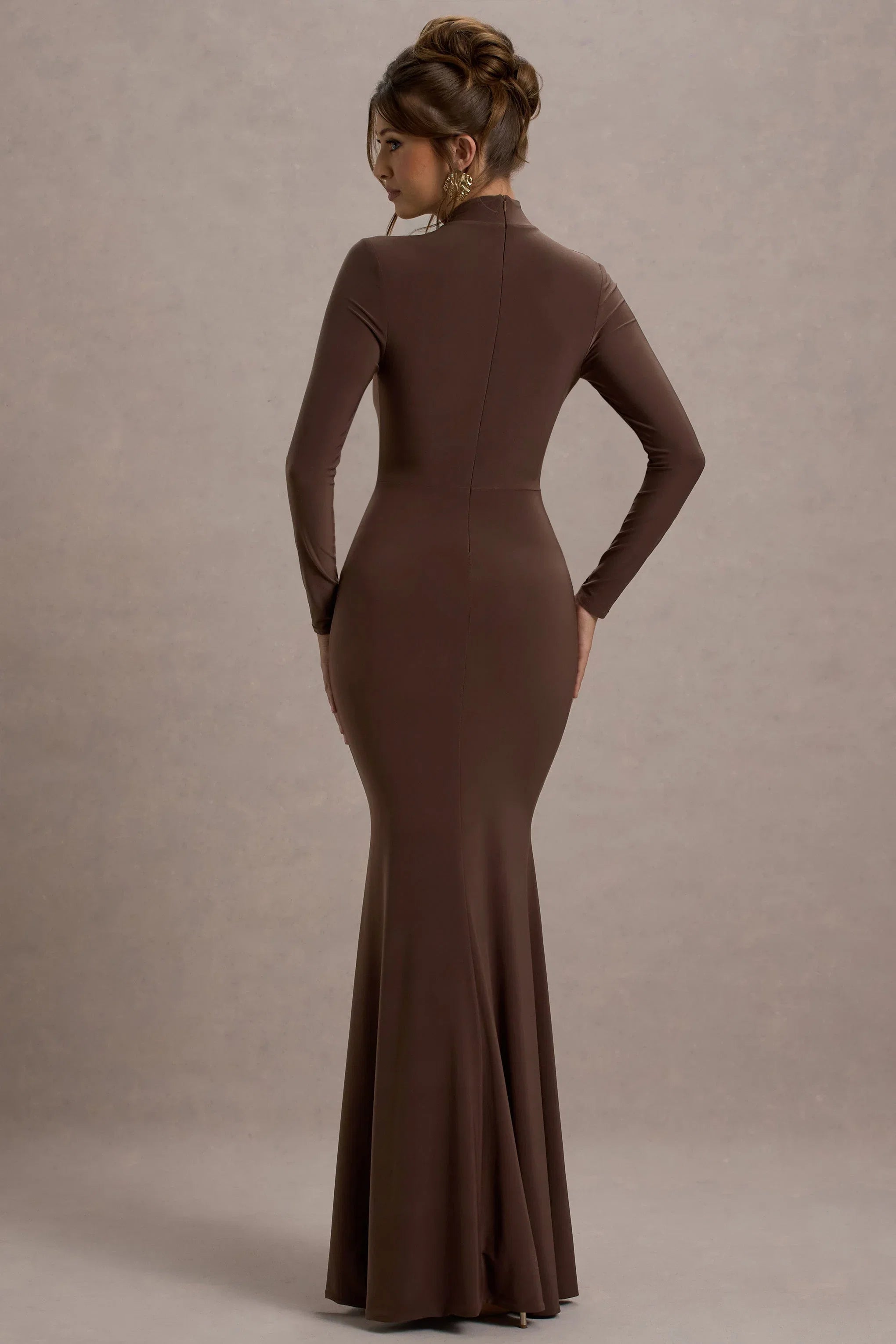 Tova Chocolate High Neck Long Sleeve Maxi Dress