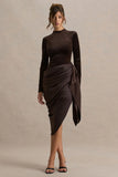 Sasha Brown Satin And Velvet Midi Dress With Wrap Detail